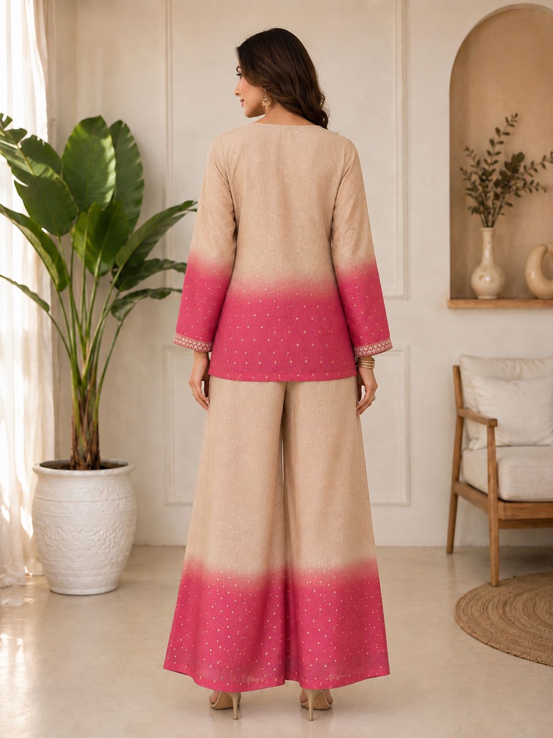 Pink & Cream Ombre Floral Embroidered V-Neck Tunic with Palazzos Co-Ord Set