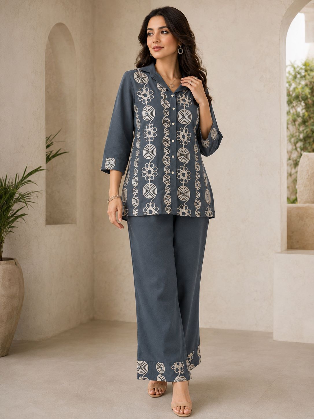 Grey Floral Embroidered Linen Tunic Set with Palazzos