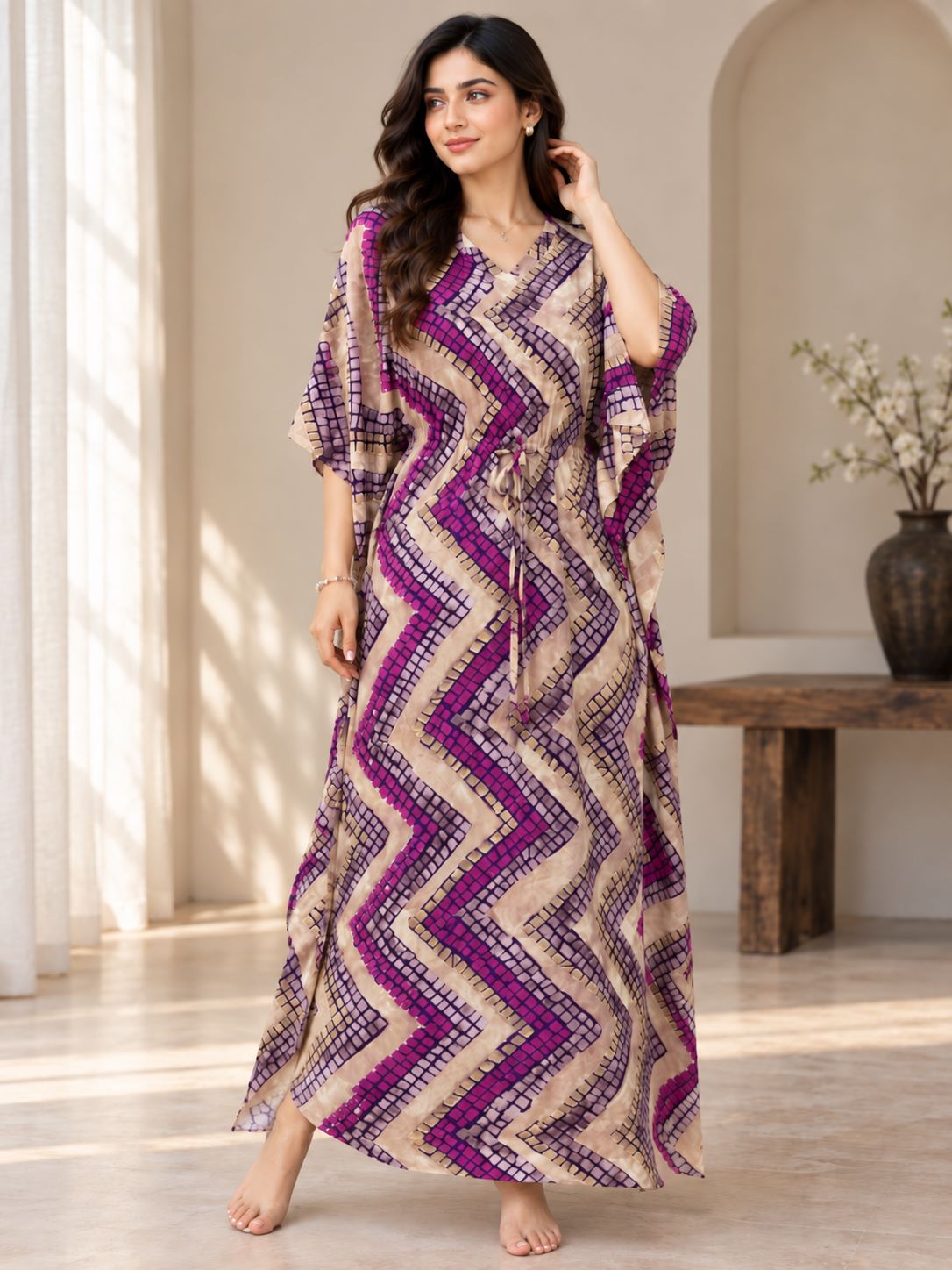 Purple Geometric Print V-Neck Kaftan Maxi Dress For Women | Claura