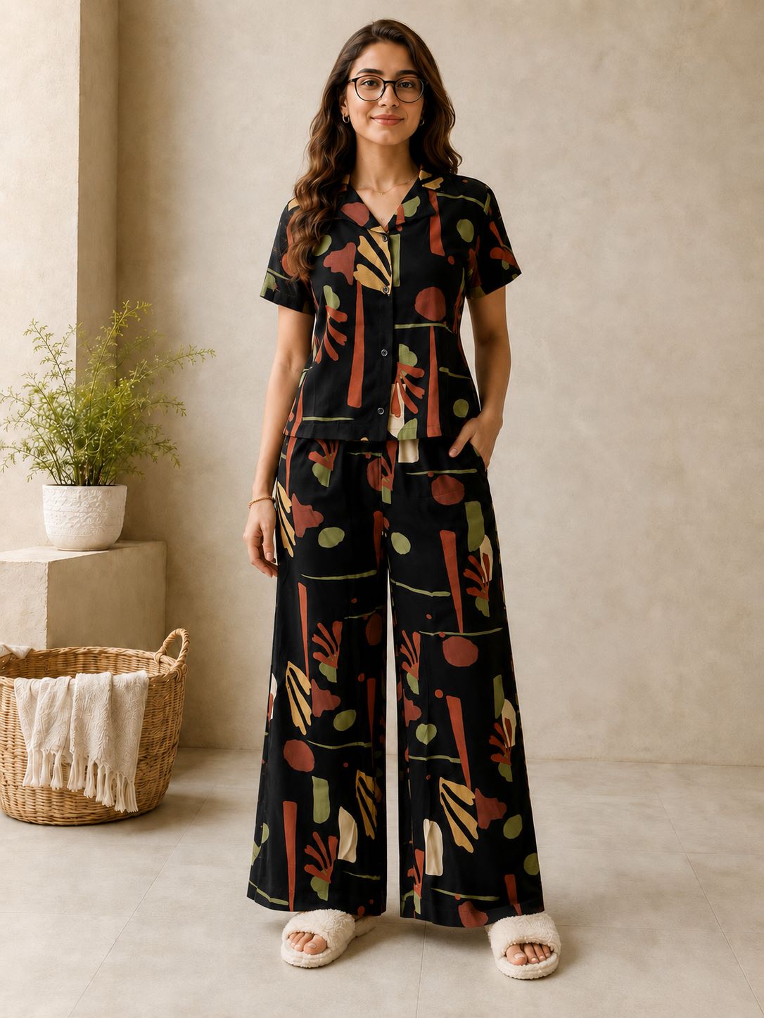 Black Boho Abstract Printed Button-Down Night Suit | Claura