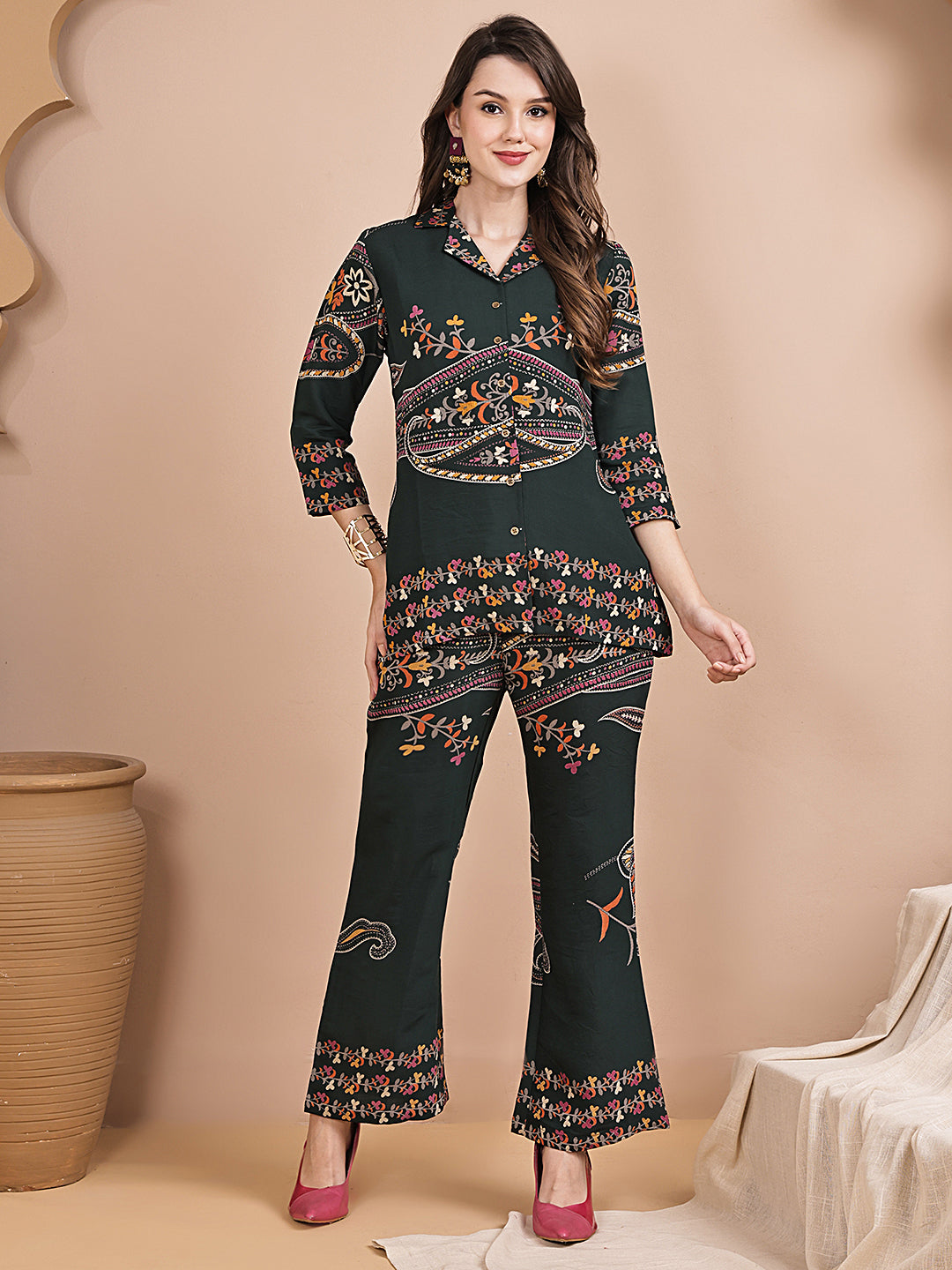 Green Abstract Printed Chanderi Silk Co-Ord Set for Women | Claura
