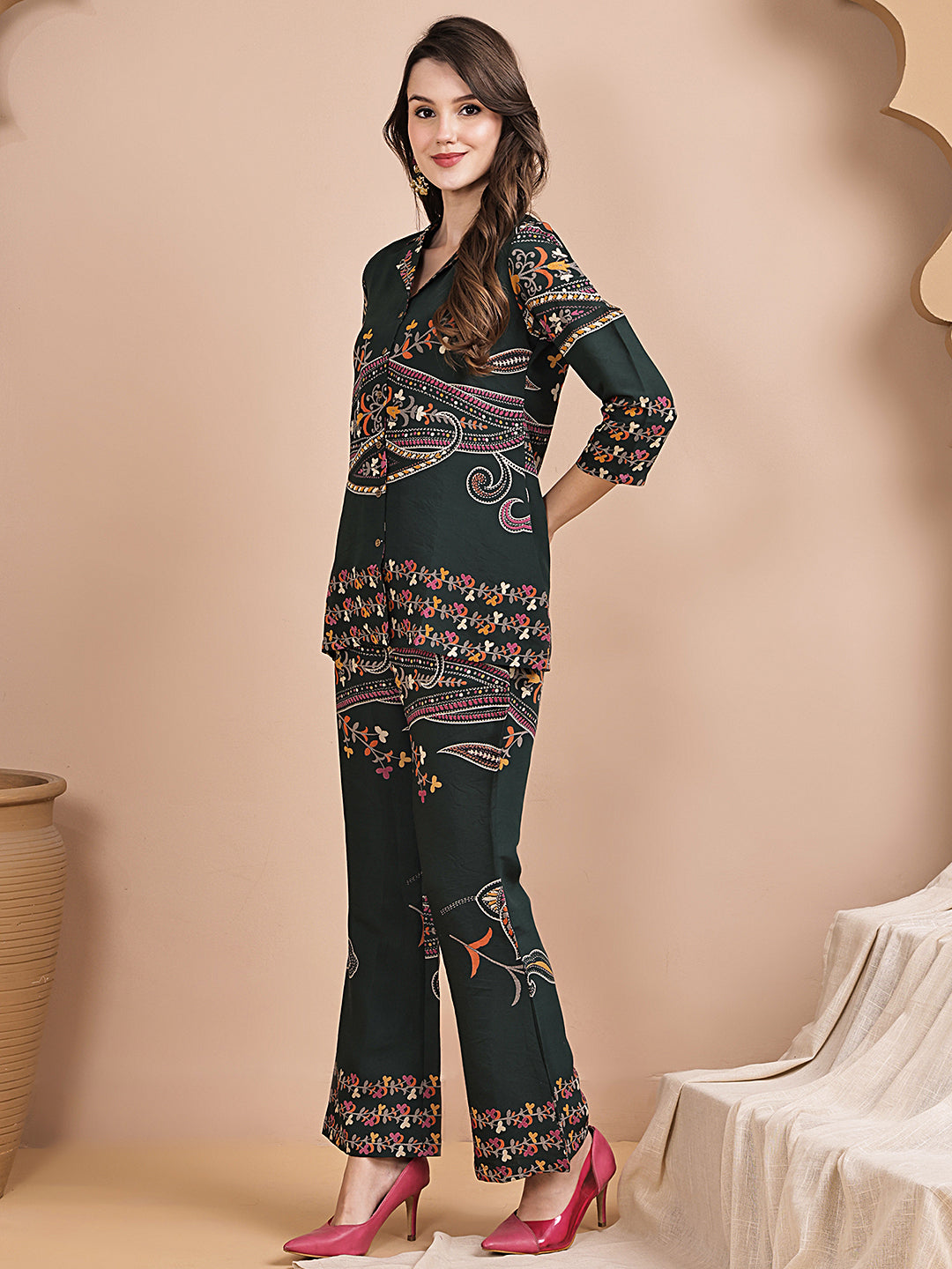 Green Abstract Printed Chanderi Silk Co-Ord Set for Women | Claura