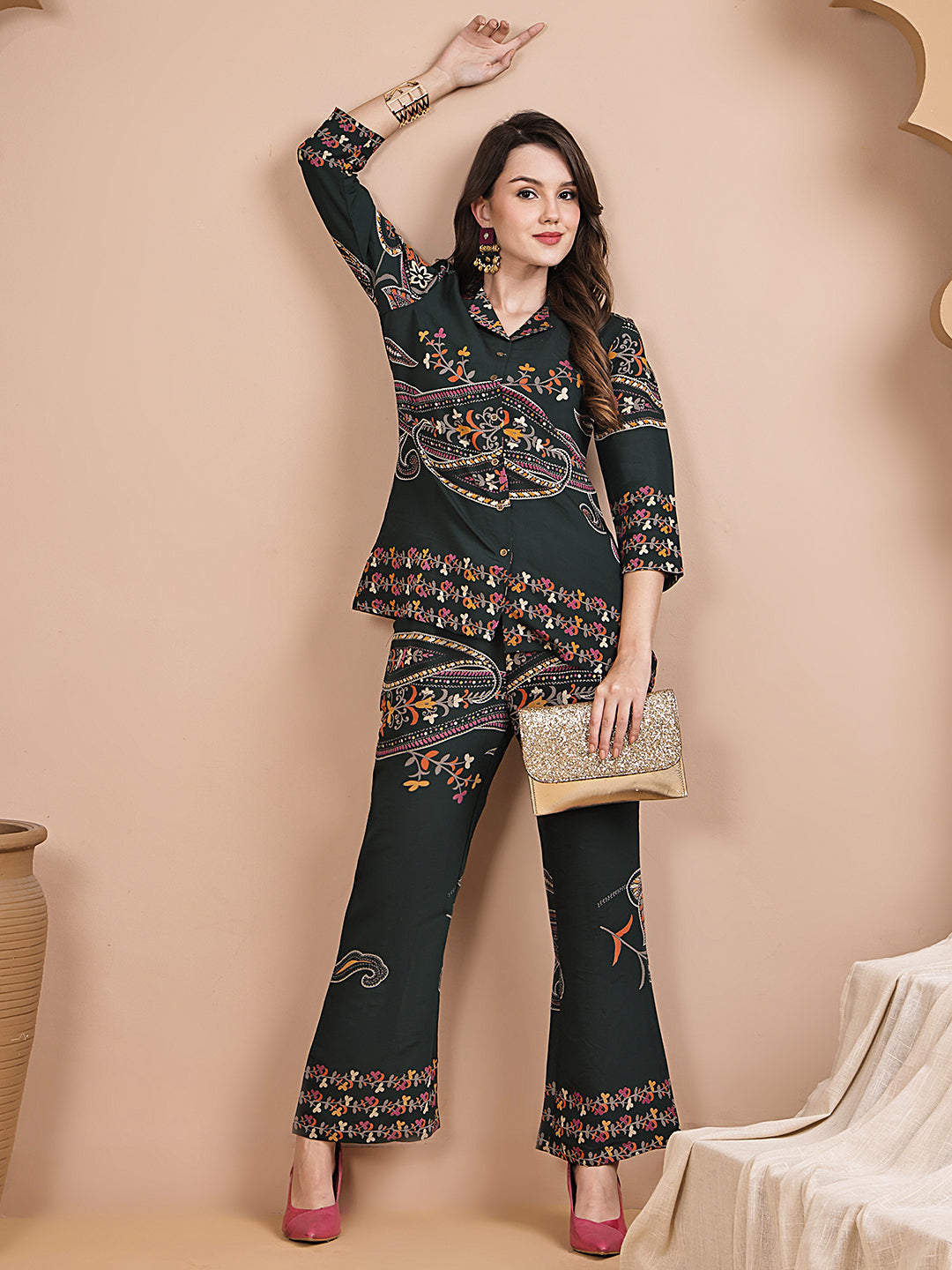 Green Abstract Printed Chanderi Silk Co-Ord Set for Women | Claura