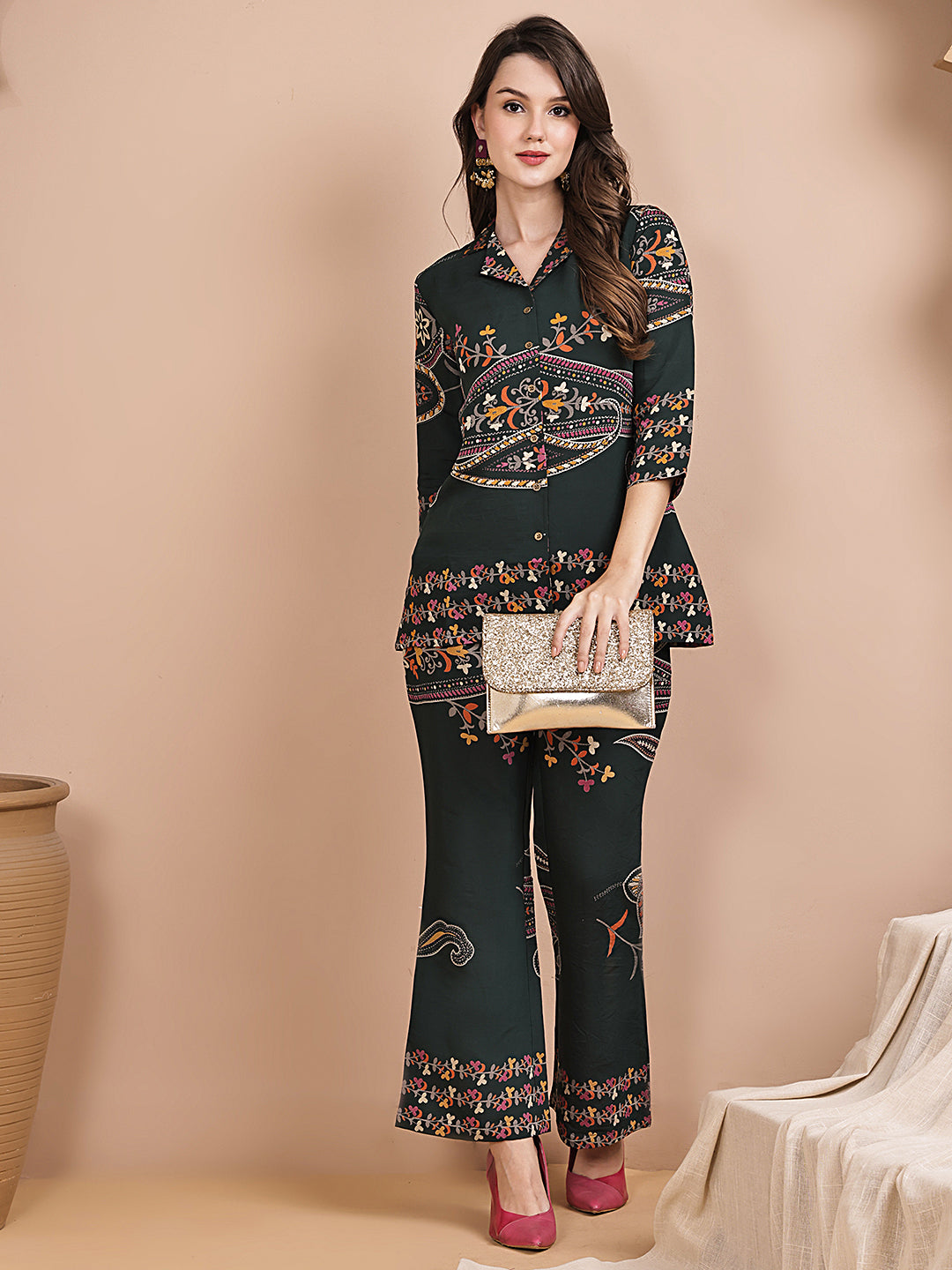 Green Abstract Printed Chanderi Silk Co-Ord Set for Women | Claura