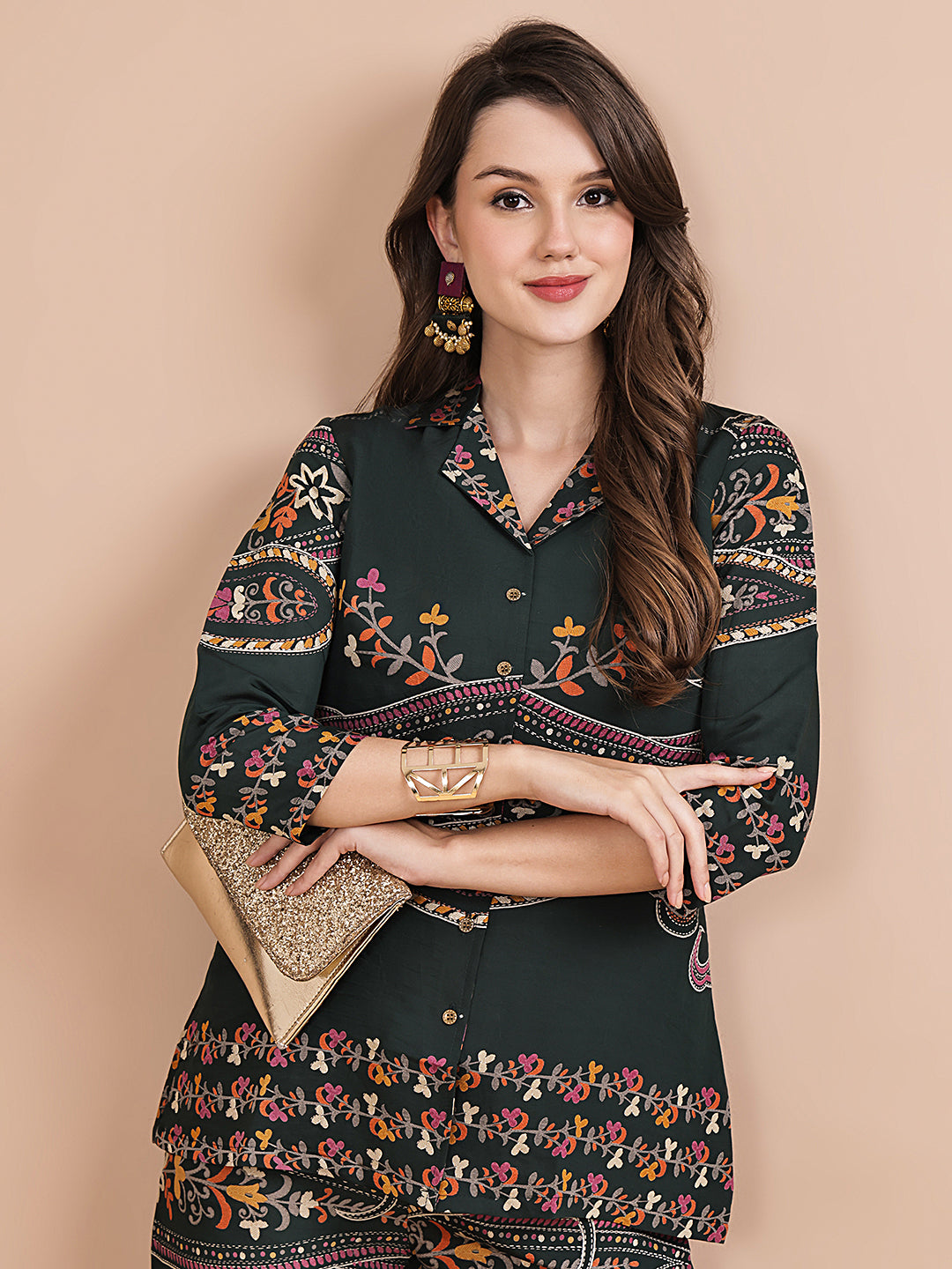 Green Abstract Printed Chanderi Silk Co-Ord Set for Women | Claura
