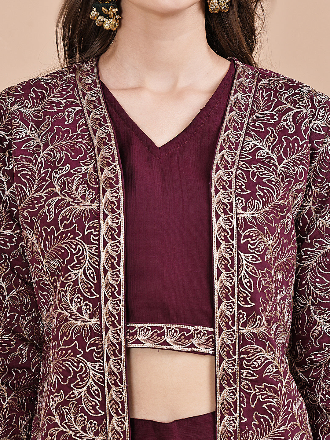 Close-up of Chanderi silk fabric on wine Co-Ord Set
