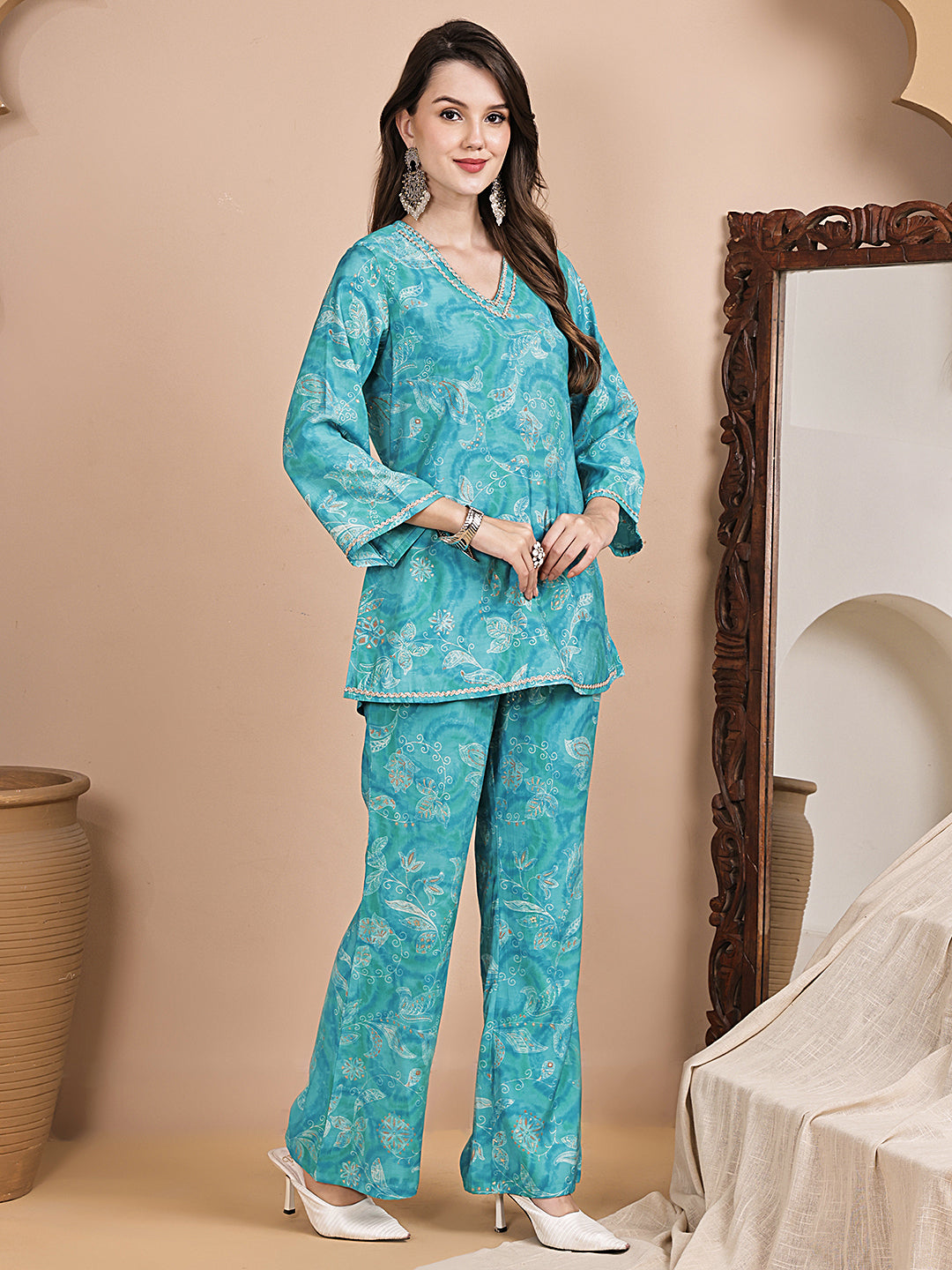 Blue Floral Printed Chanderi Silk Co-Ord Set for Women | Claura