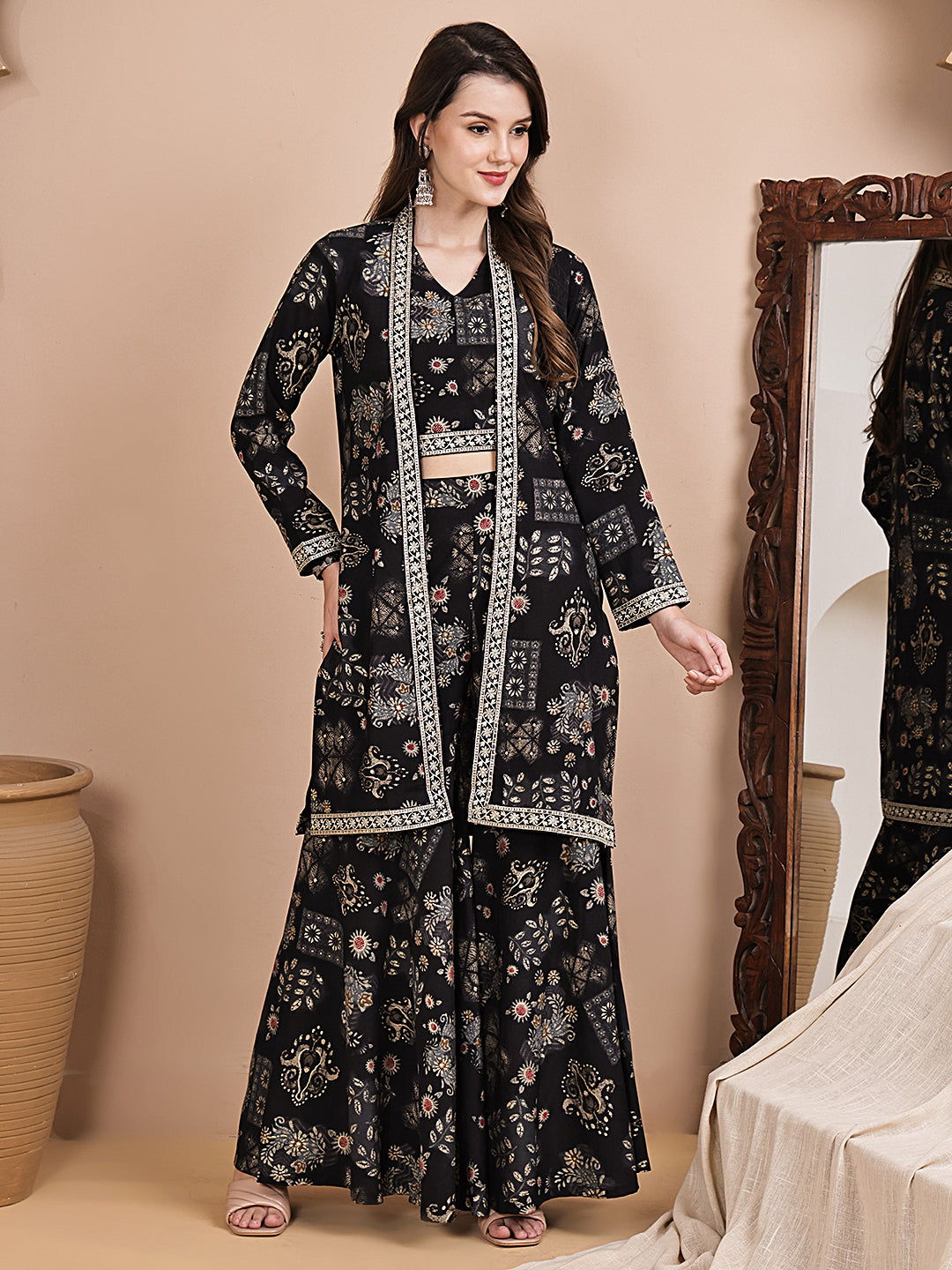 Woman wearing black ethnic printed co-ord set