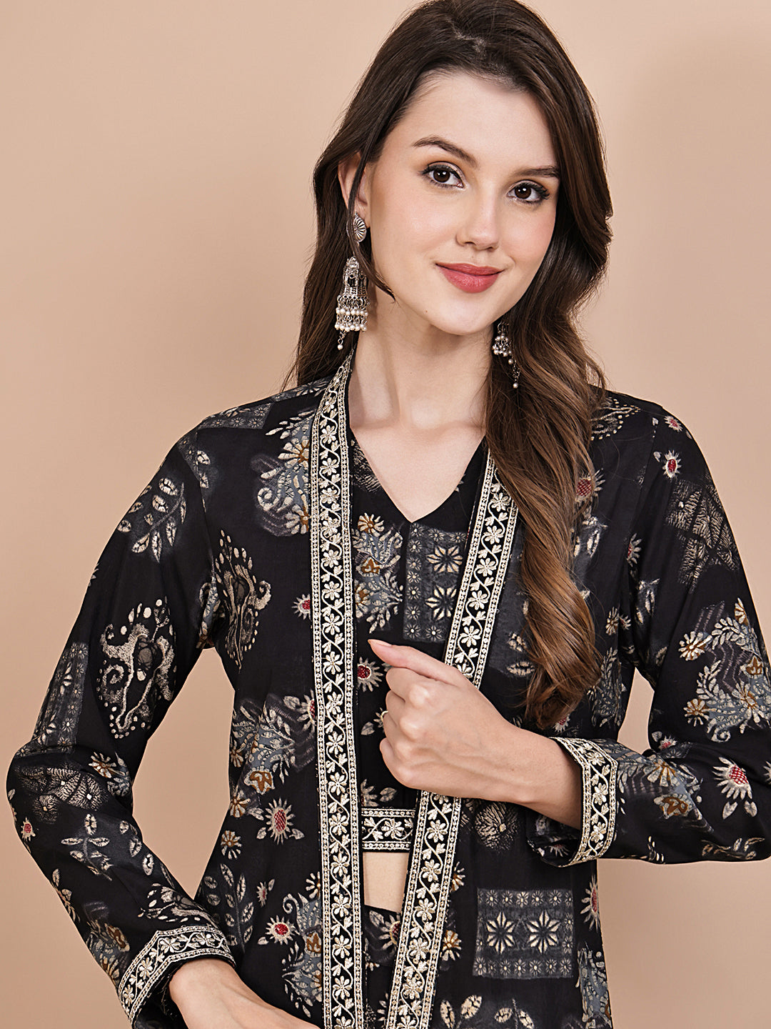 Close-up of Chanderi silk fabric on black co-ord set