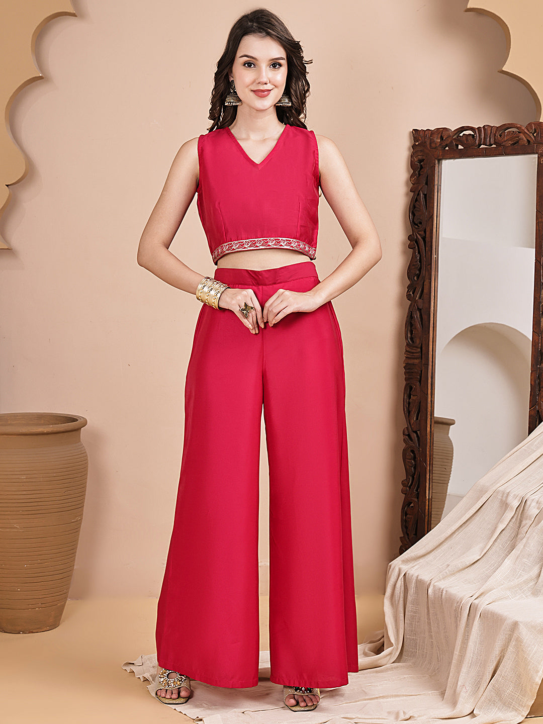 Lifestyle shot of pink embroidered ethnic co-ord set