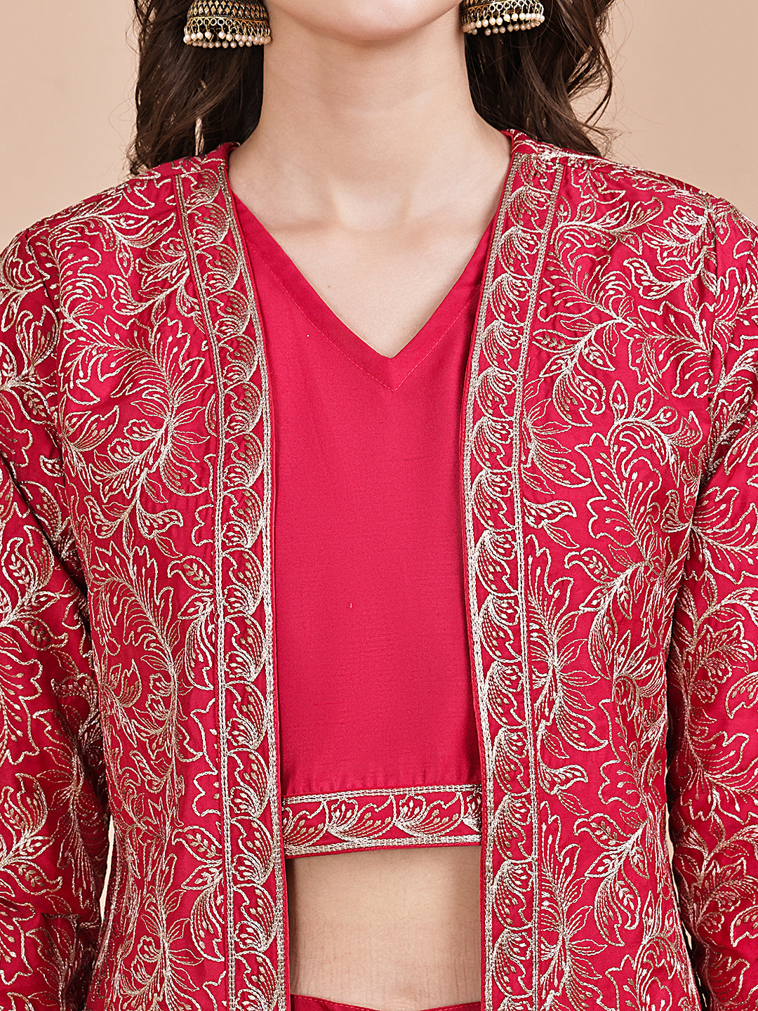 Close-up of embroidery on pink chanderi jacket