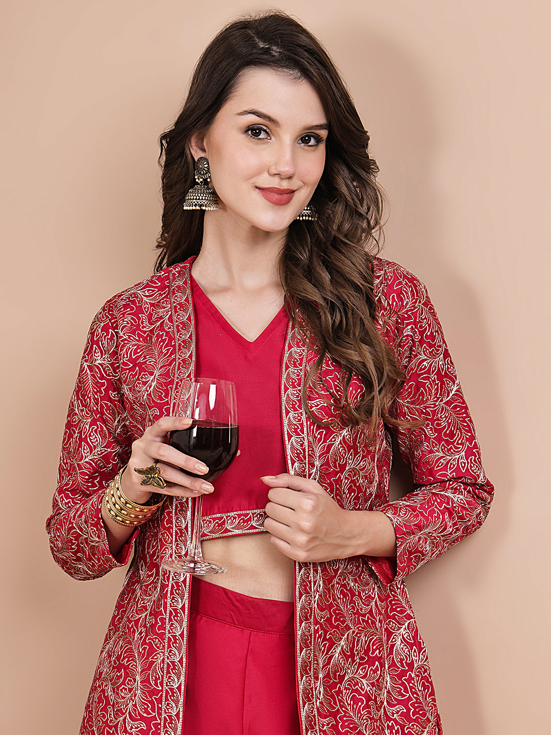 Close-up of embroidery on pink chanderi jacket