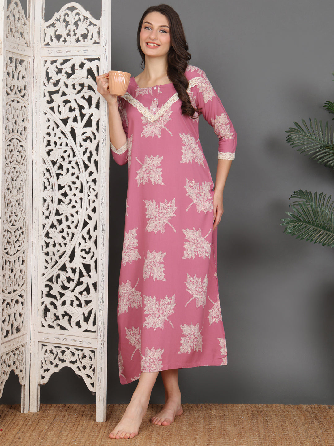 Pink Abstract Printed Viscose Rayon Nighty For Women | Claura