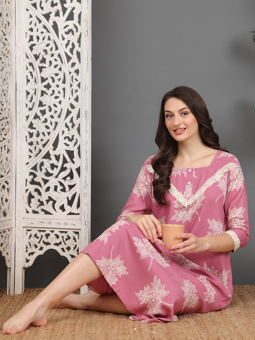 Pink Abstract Printed Viscose Rayon Nighty For Women | Claura