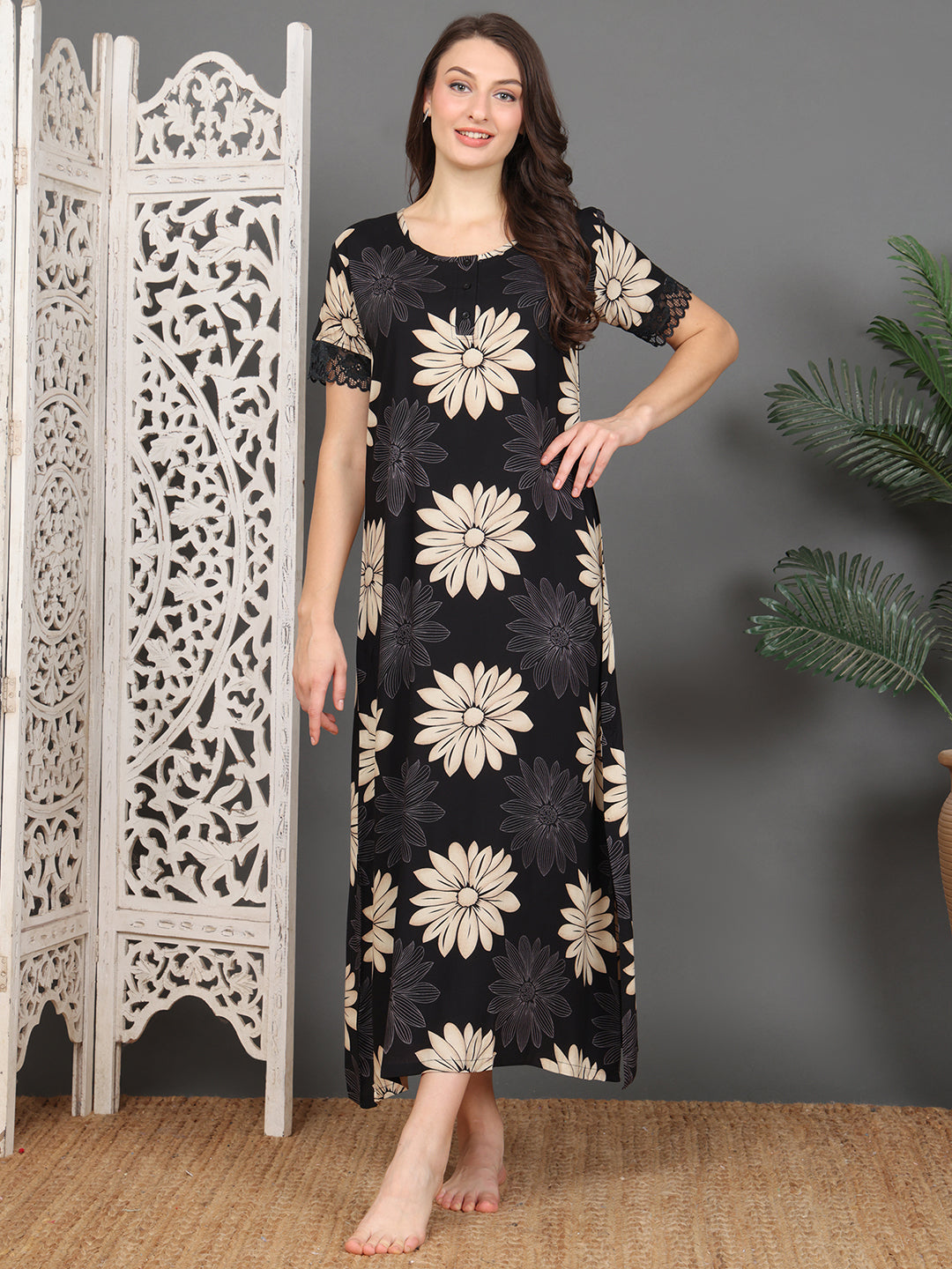 Black Floral Printed Viscose Rayon Nighty For Women | Claura