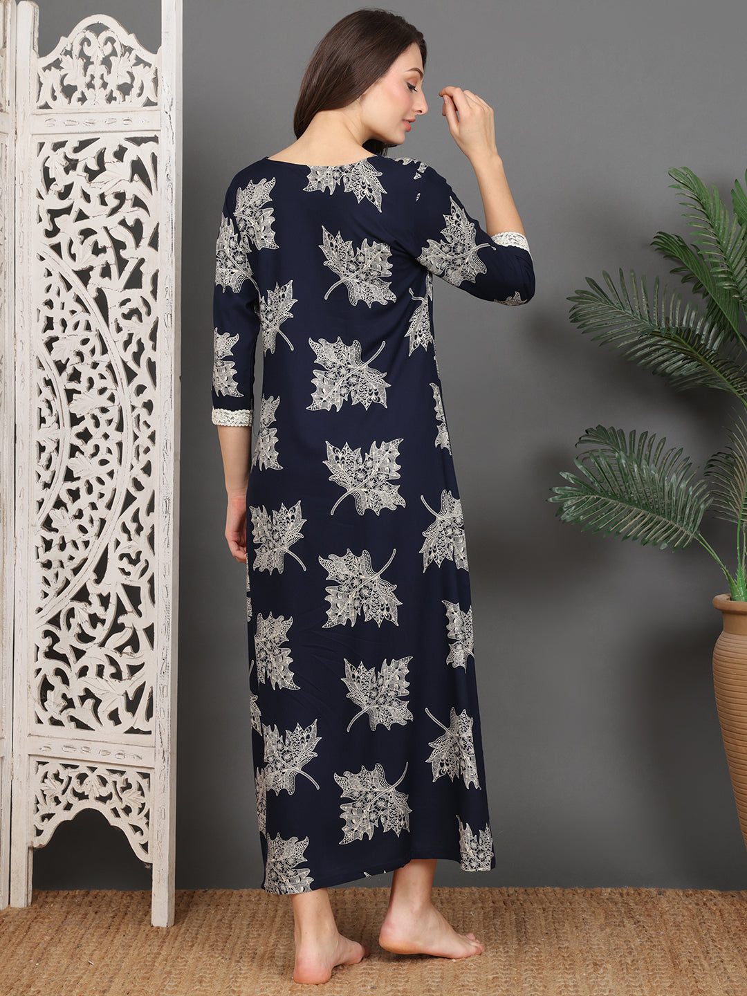 Navy Abstract Printed Viscose Rayon Nighty For Women | Claura