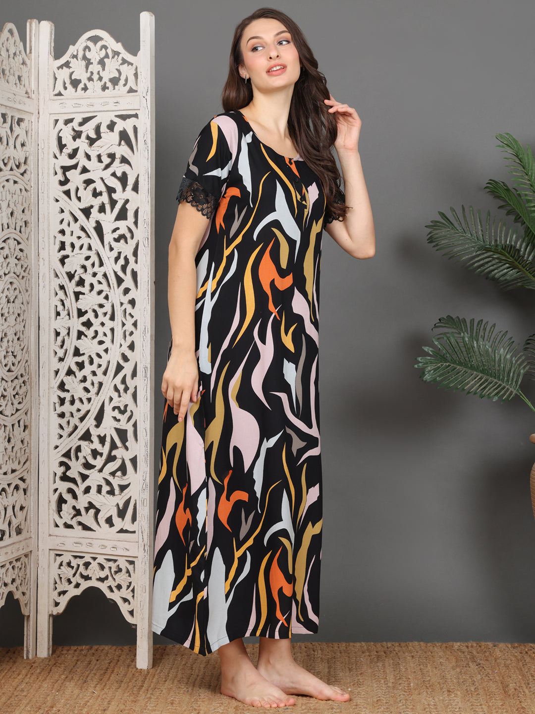 Black Abstract Printed Viscose Rayon Nighty For Women | Claura