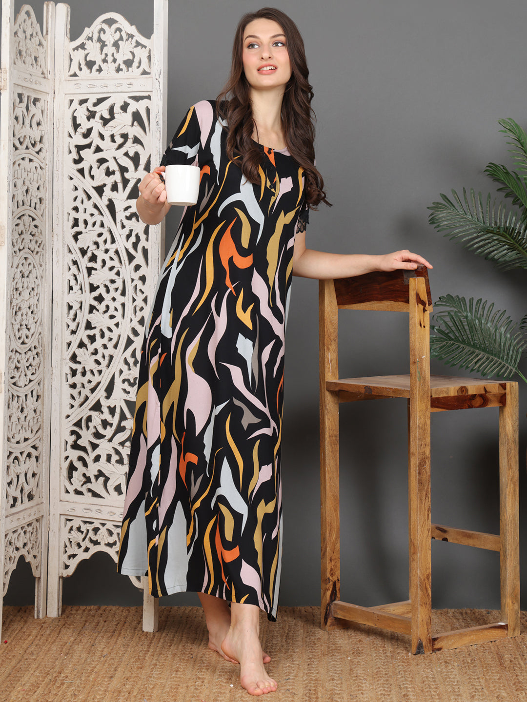Black Abstract Printed Viscose Rayon Nighty For Women | Claura
