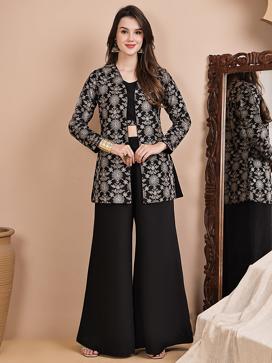 Black Ethnic Printed Chanderi Silk Co-Ord Set for Women | Claura
