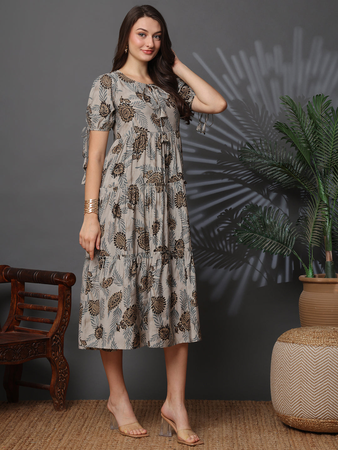 Grey Abstract Printed Premium Chanderi Dress for Women | Claura