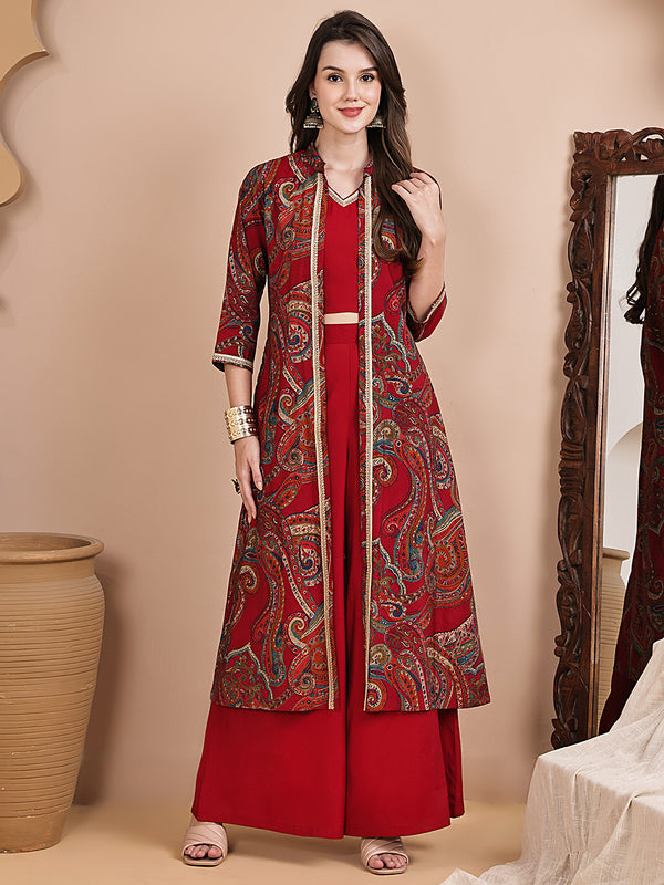 Red Ethnic Printed Chanderi Silk Co-Ord Set for Women