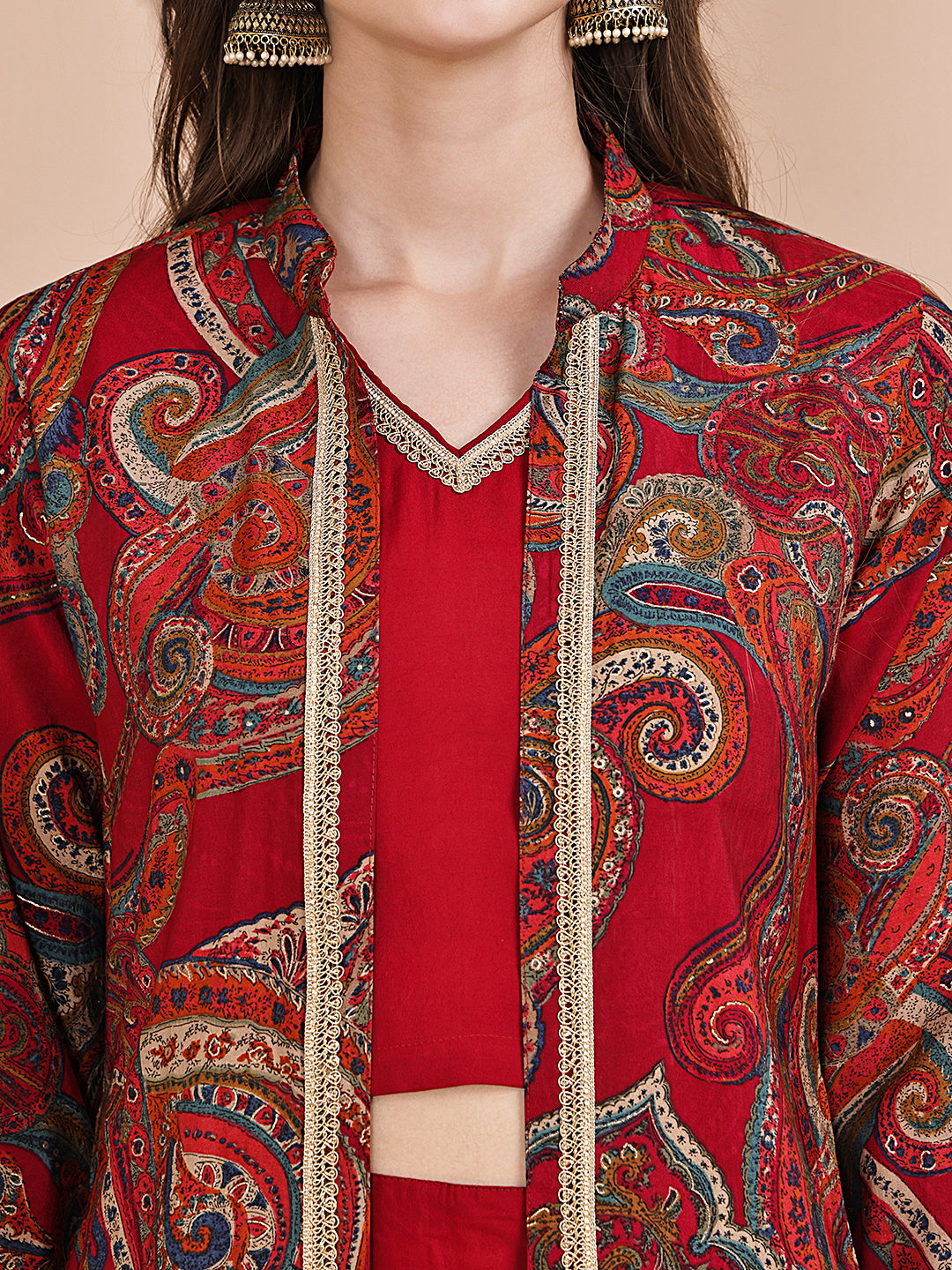 Close-up of Chanderi silk fabric on red Co-Ord Set