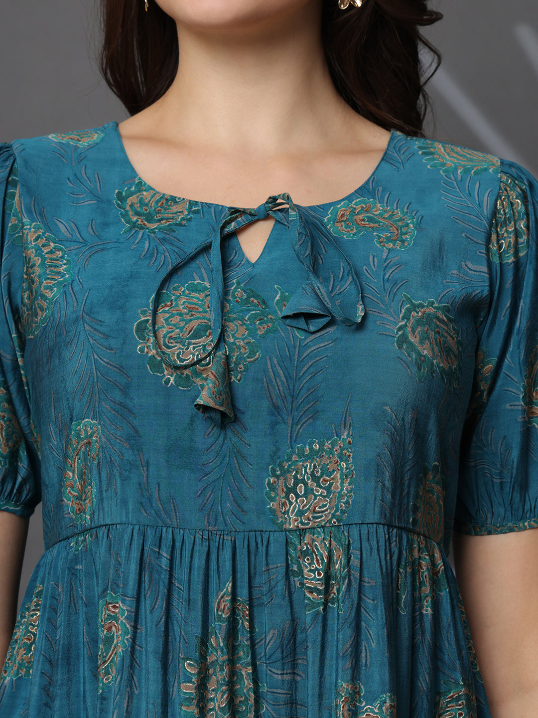 Blue Abstract Printed Premium Chanderi Dress for Women | Claura