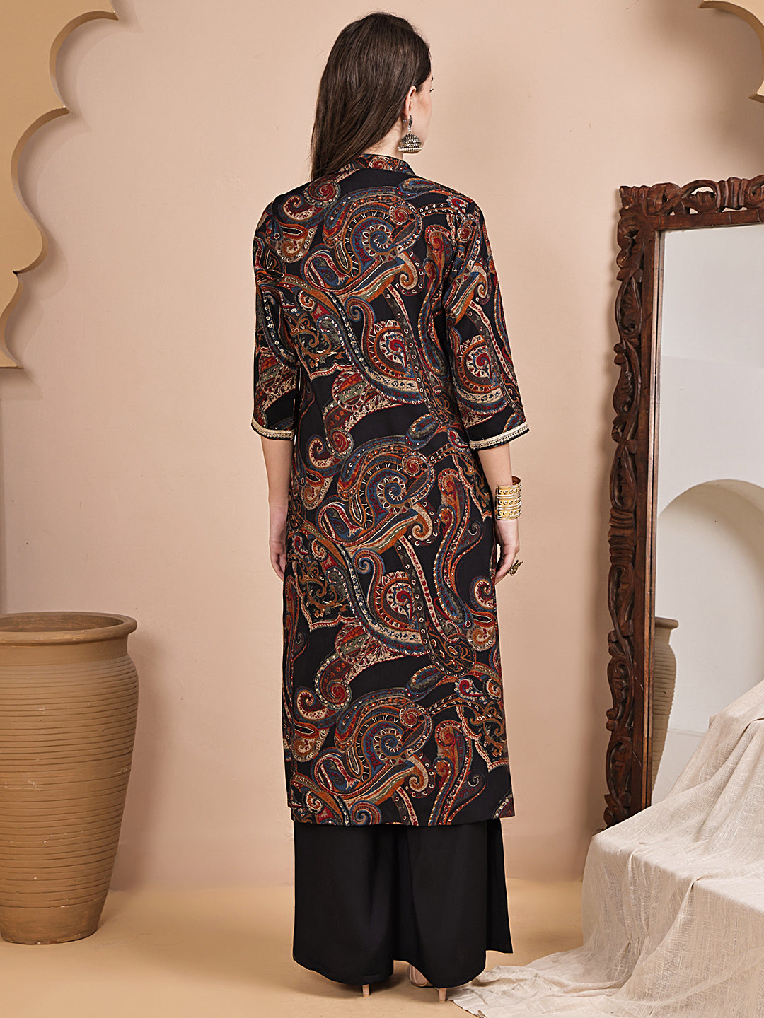 Black Ethnic Printed V-Neck Chanderi Silk Co-ord Set for Women