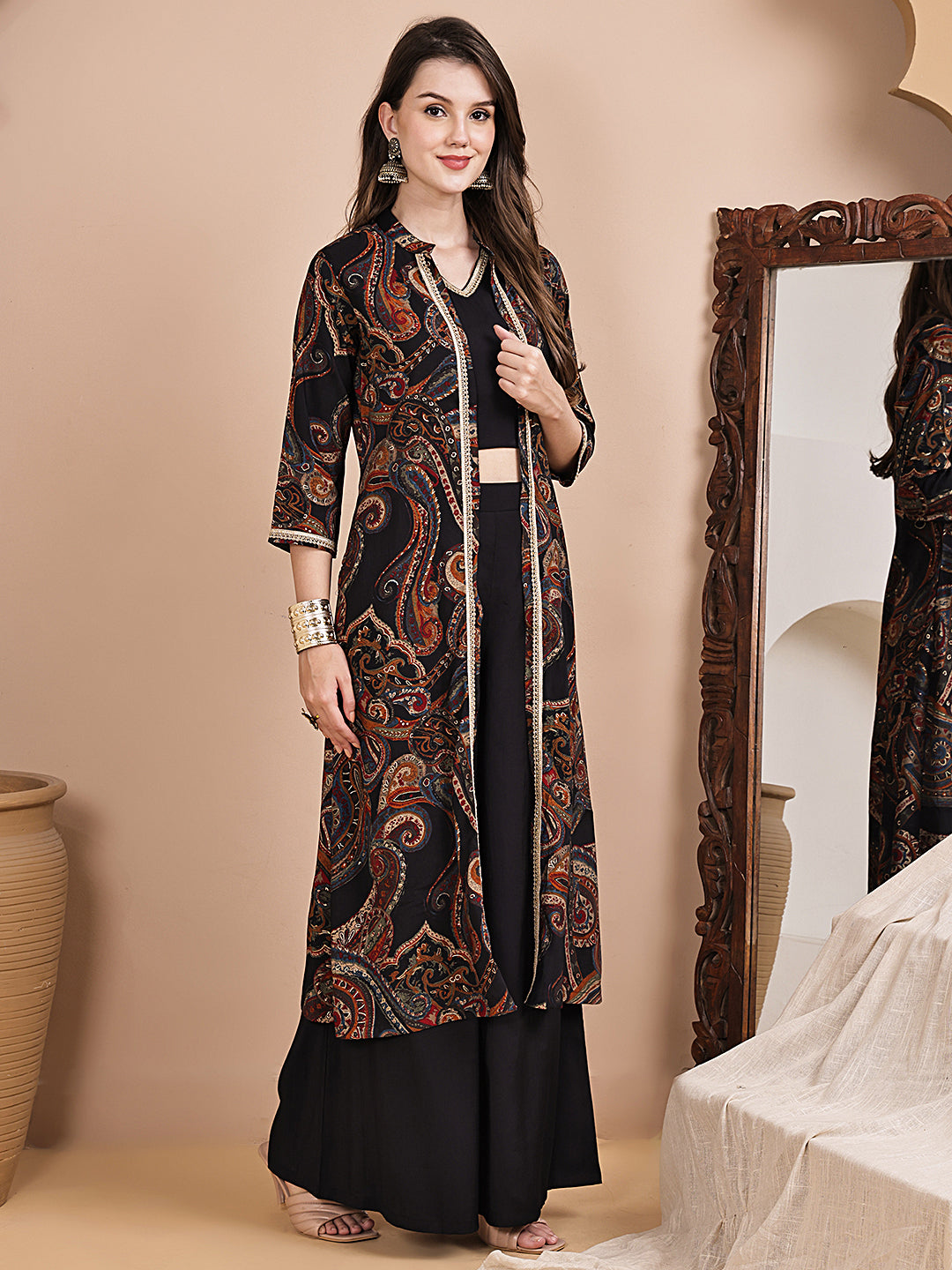 Black Ethnic Printed V-Neck Chanderi Silk Co-ord Set for Women
