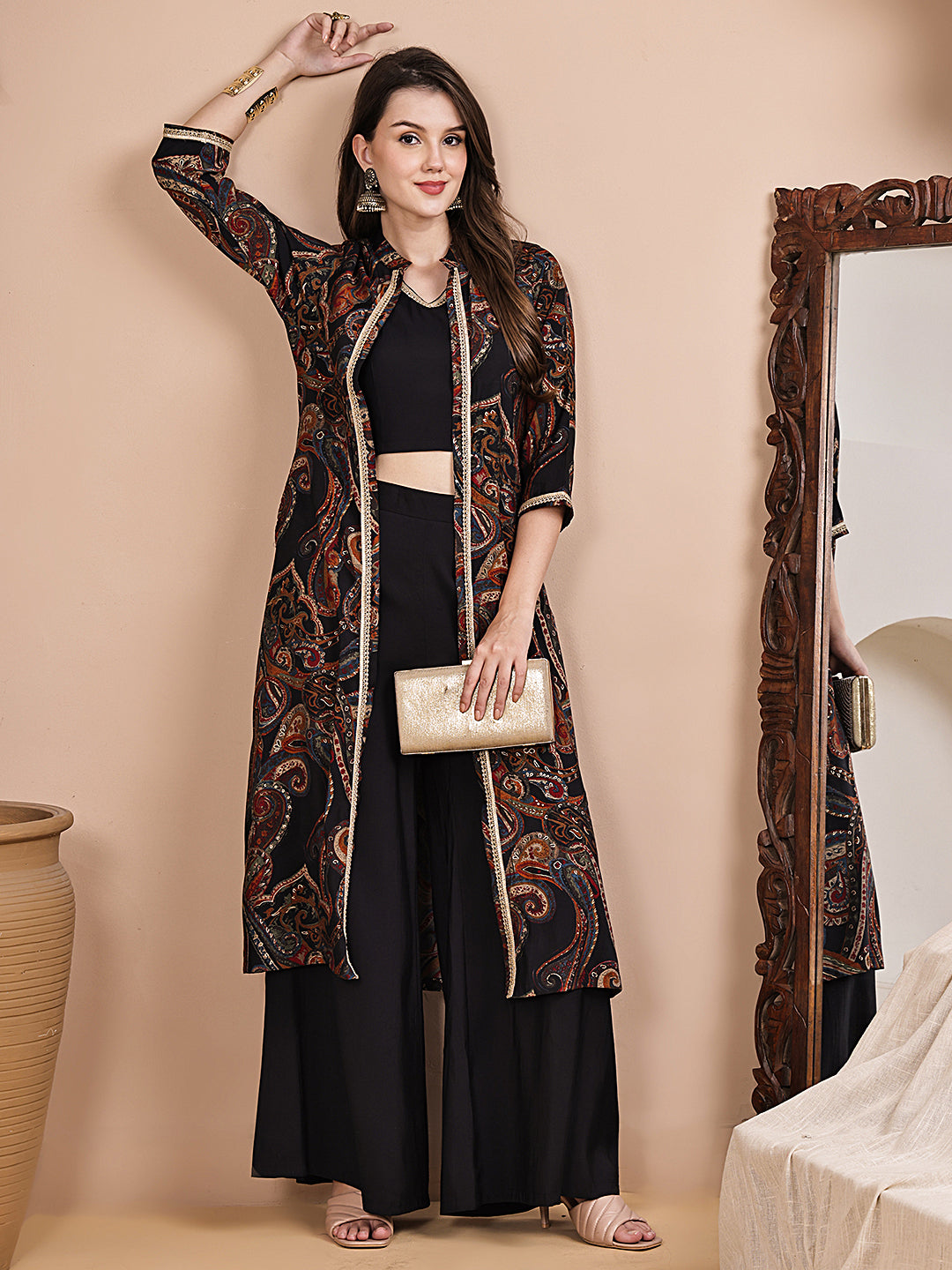 Black Ethnic Printed V-Neck Chanderi Silk Co-ord Set for Women