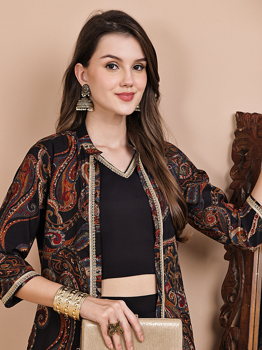 Black Ethnic Printed V-Neck Chanderi Silk Co-ord Set for Women