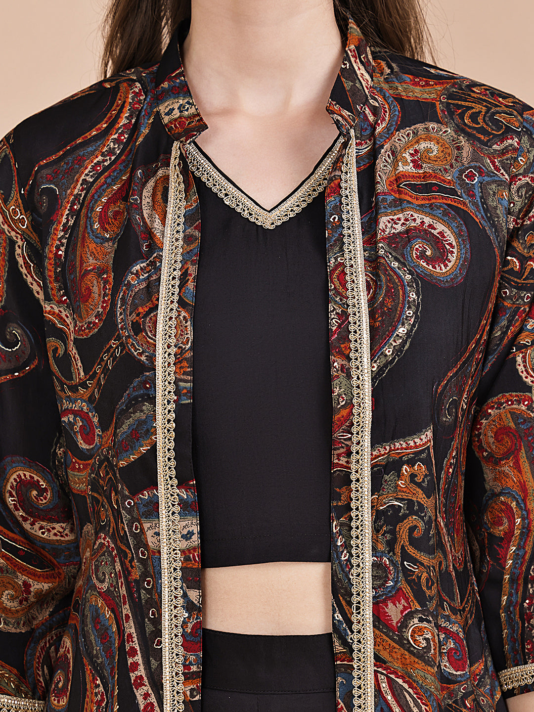 Black Ethnic Printed V-Neck Chanderi Silk Co-ord Set for Women