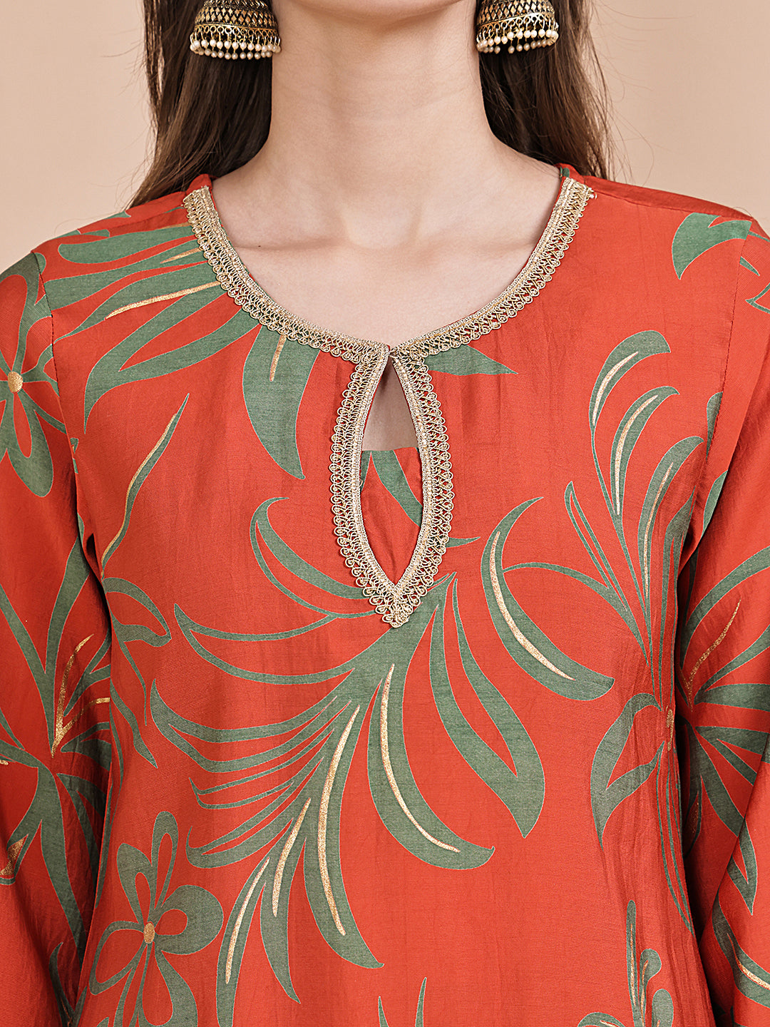 Orange Abstract Printed Chanderi Silk Co-Ord Set for Women | Claura