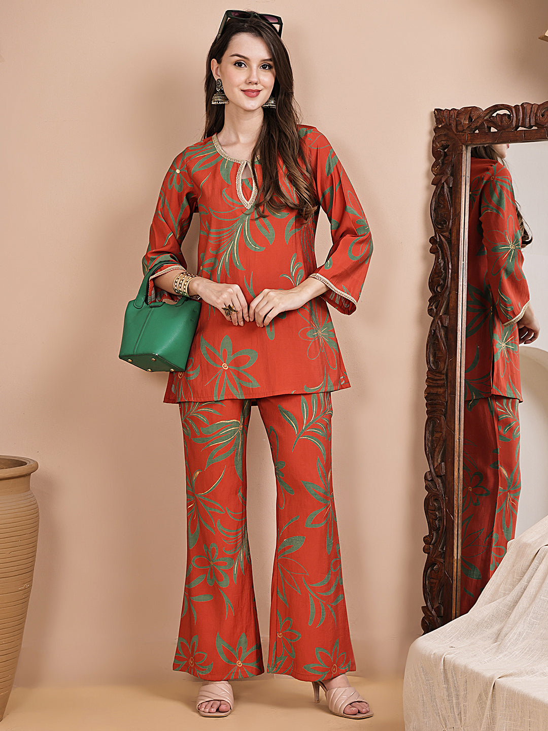 Close-up of Chanderi silk fabric on orange Co-Ord Set