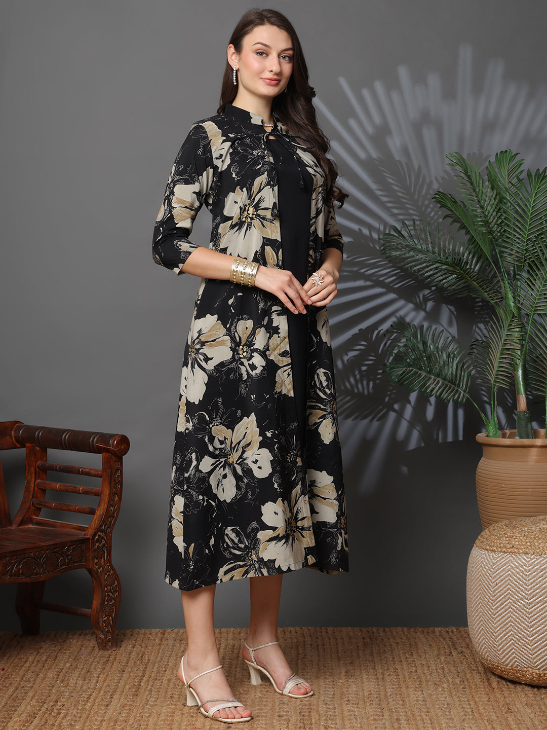 Black Color Floral Printed Chanderi Silk Dress for Women | Claura
