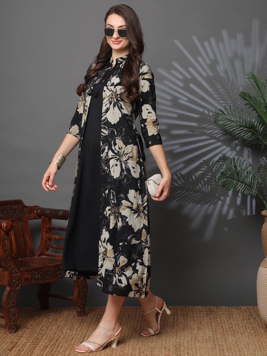 Black Color Floral Printed Chanderi Silk Dress for Women | Claura