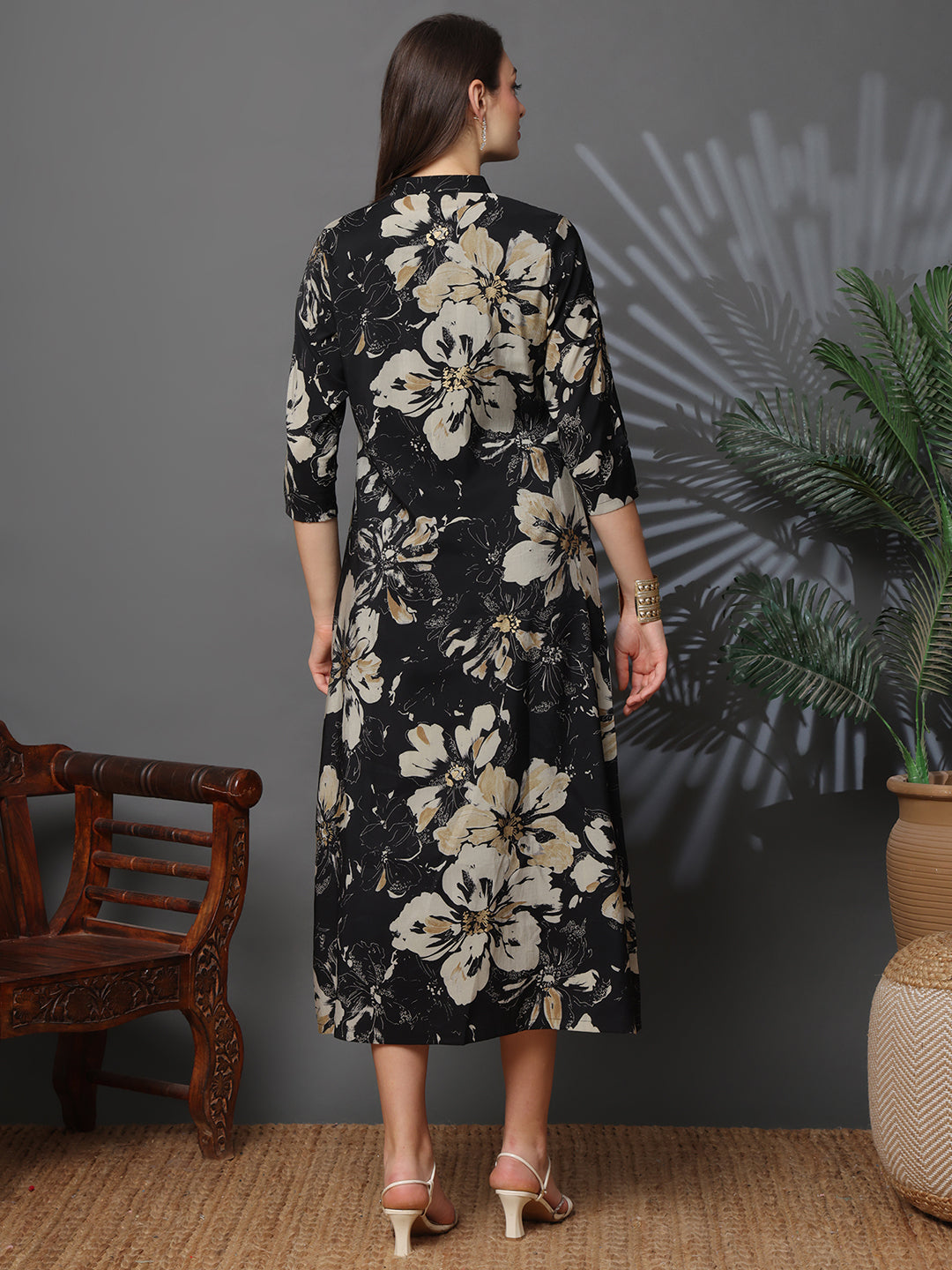 Black Color Floral Printed Chanderi Silk Dress for Women | Claura
