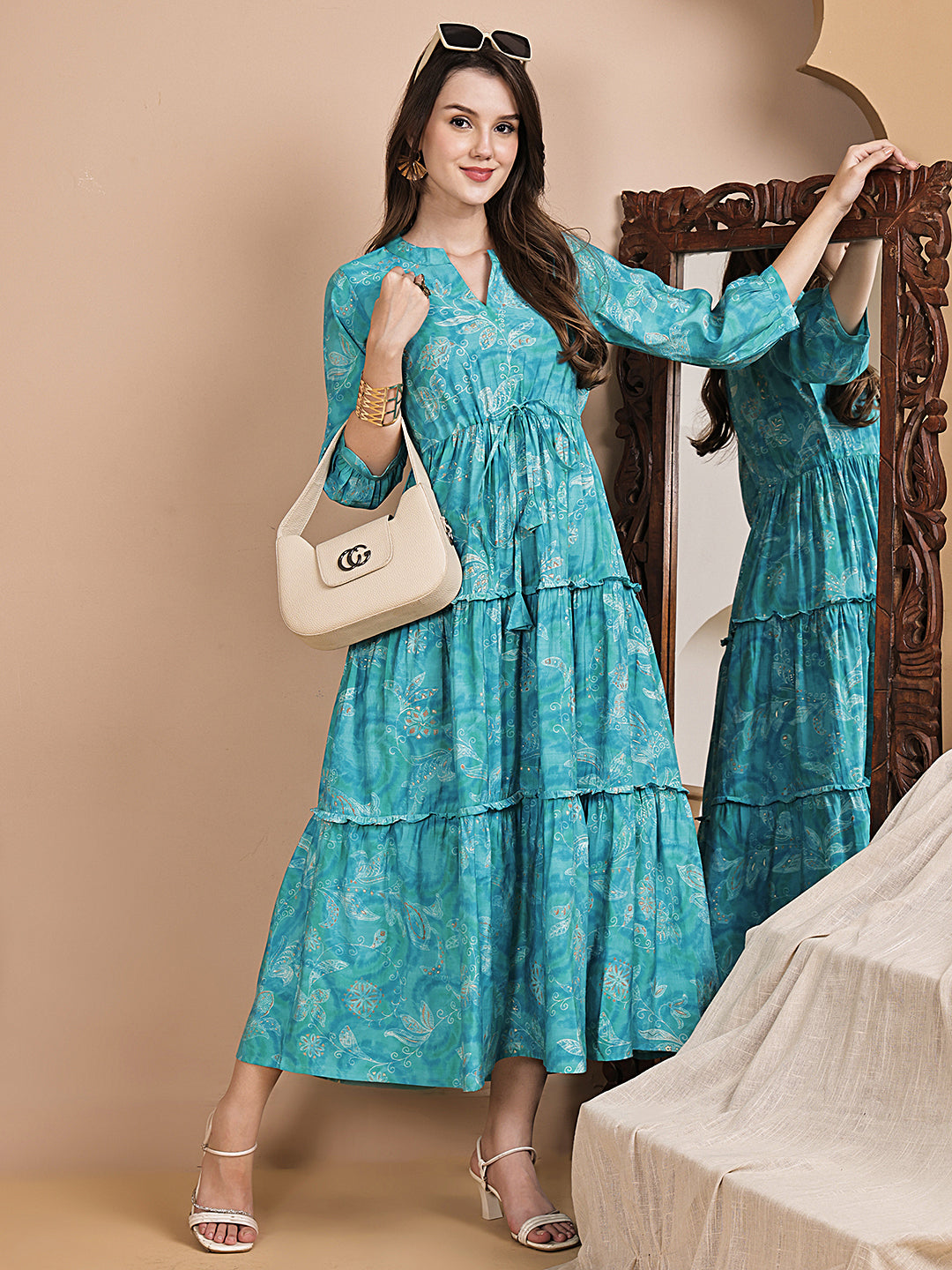 Close-up of Chanderi silk detail on blue dresses for women
