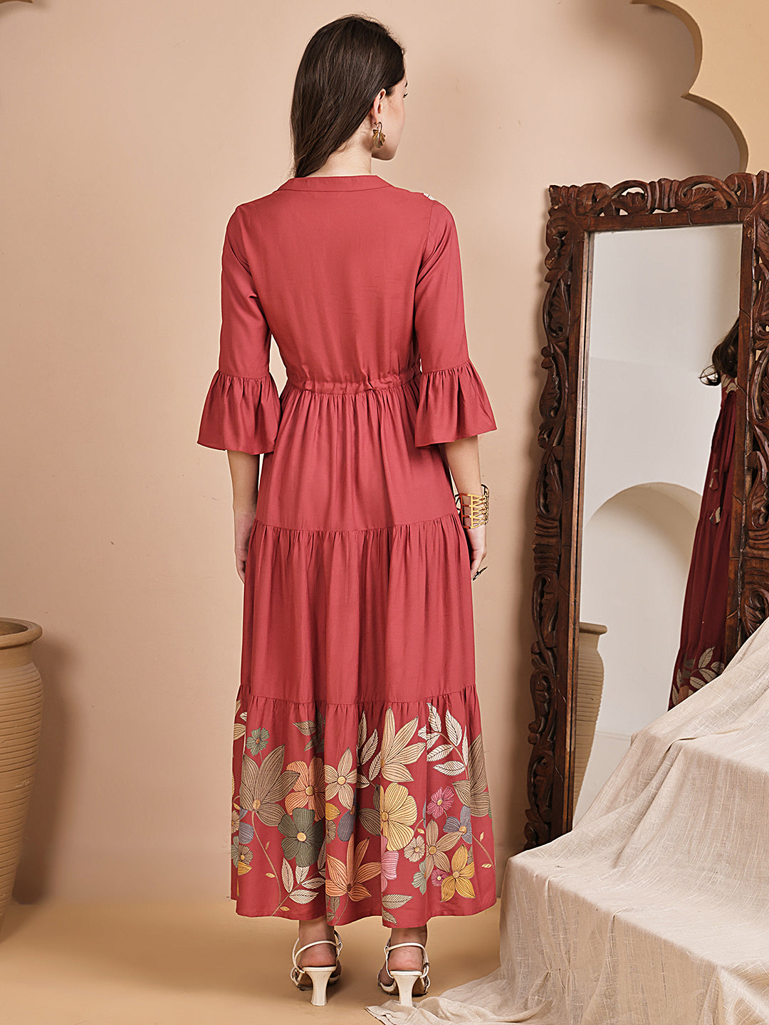 Pink Color Floral Printed Viscose Rayon Dress For Women