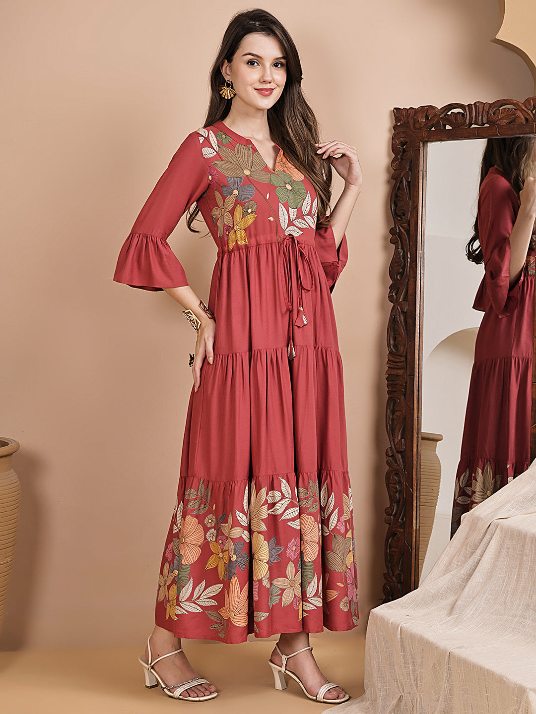 Pink Color Floral Printed Viscose Rayon Dress For Women
