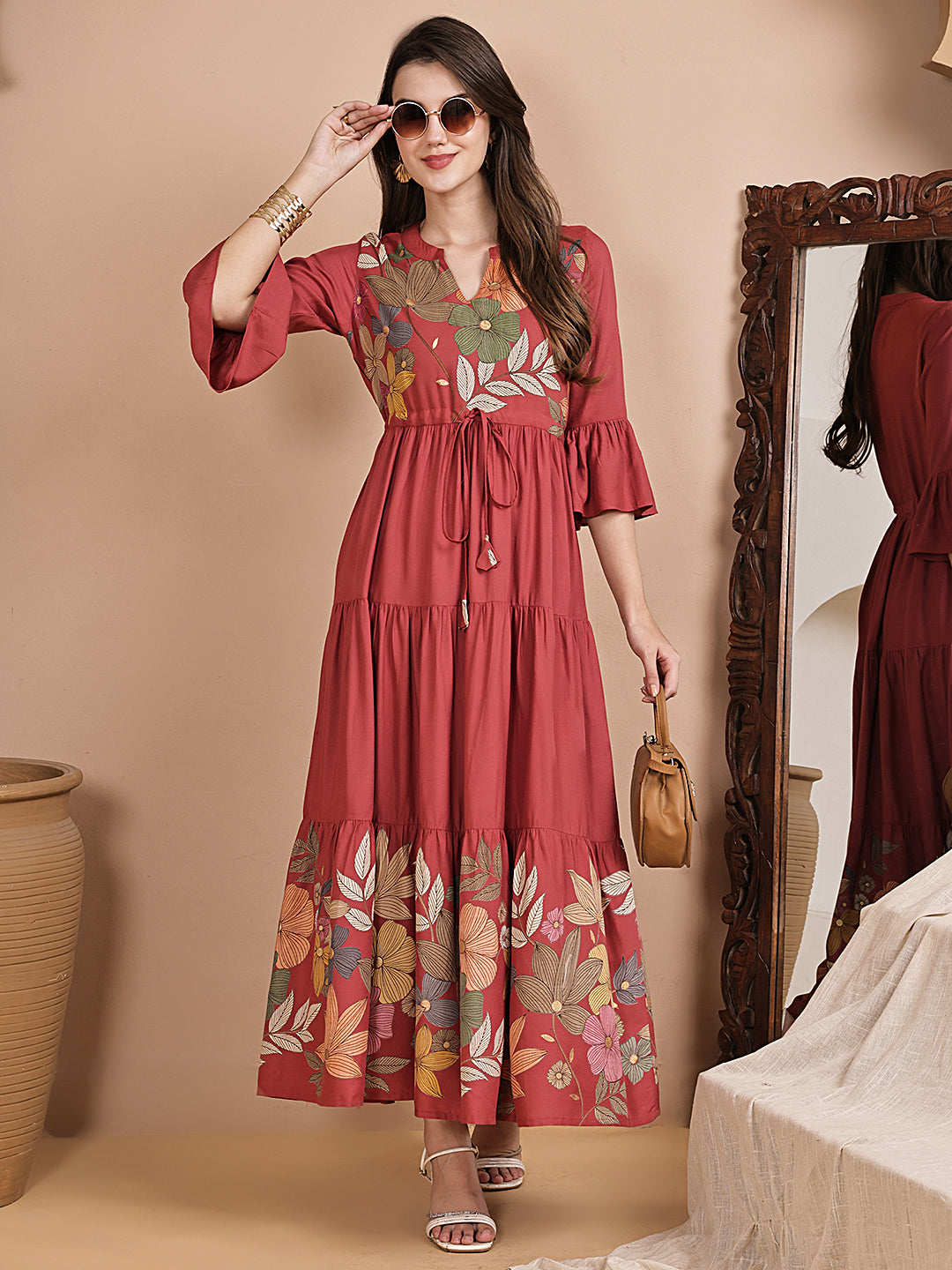 Pink Color Floral Printed Viscose Rayon Dress For Women