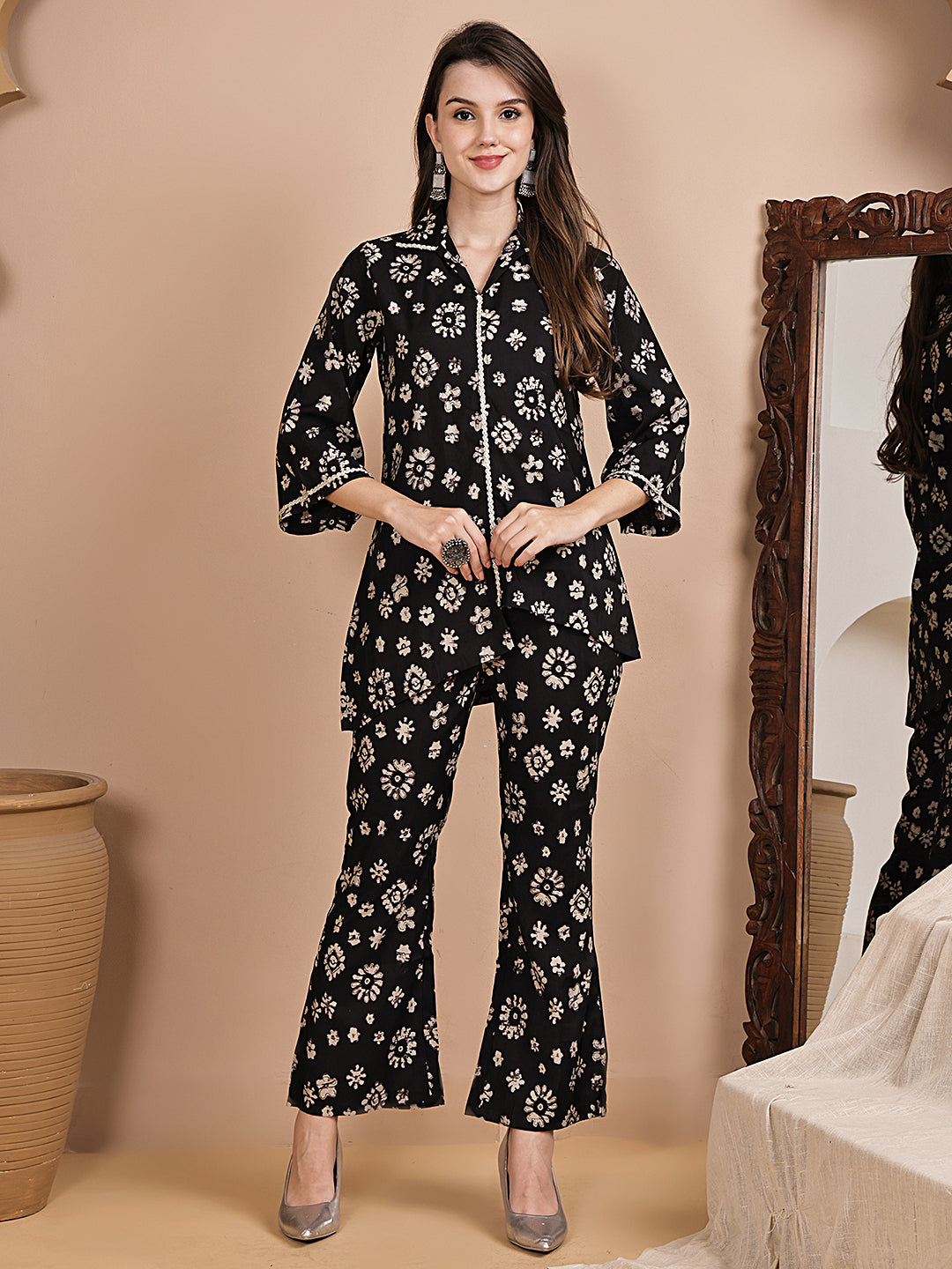 Black Floral Printed Chanderi Silk Co-Ord Set for Women | Claura