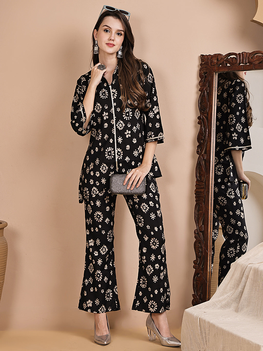 Black Floral Printed Chanderi Silk Co-Ord Set for Women | Claura