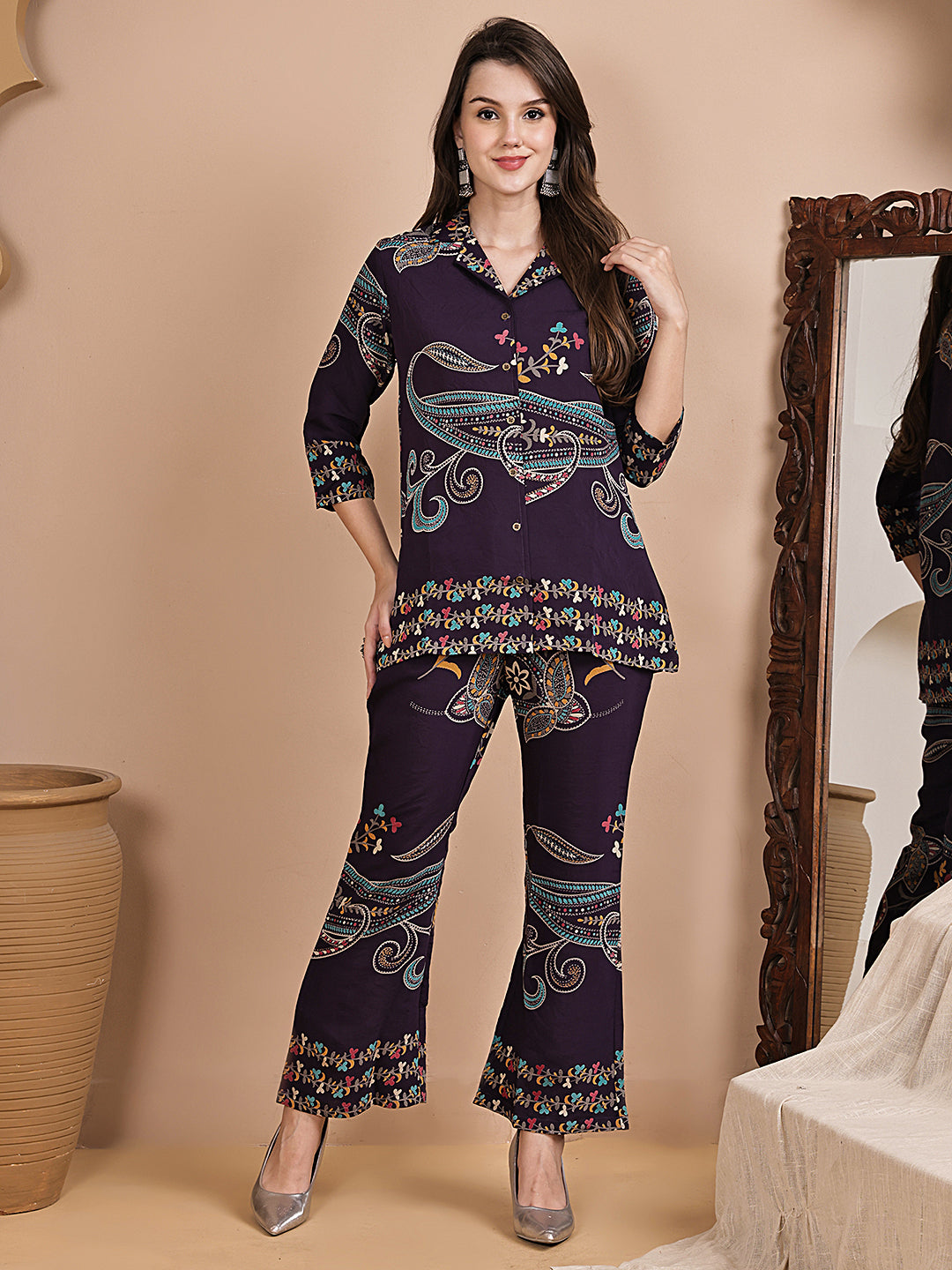 Purple Abstract Printed Chanderi Silk Tunic & Trousers Co-Ord Set for Women | Claura