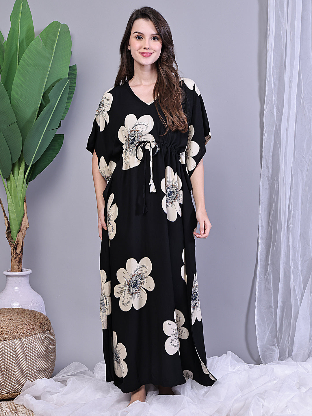 Black Color Floral Printed V-Neck Viscose Rayon Kaftan For Women