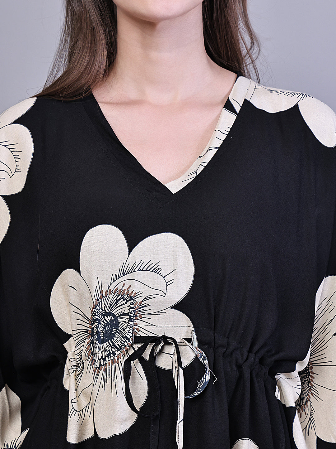 Black Color Floral Printed V-Neck Viscose Rayon Kaftan For Women