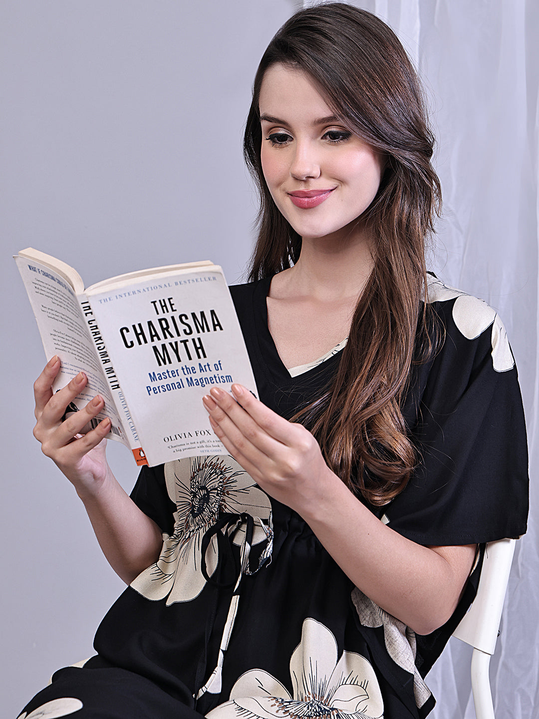 Black Color Floral Printed V-Neck Viscose Rayon Kaftan For Women