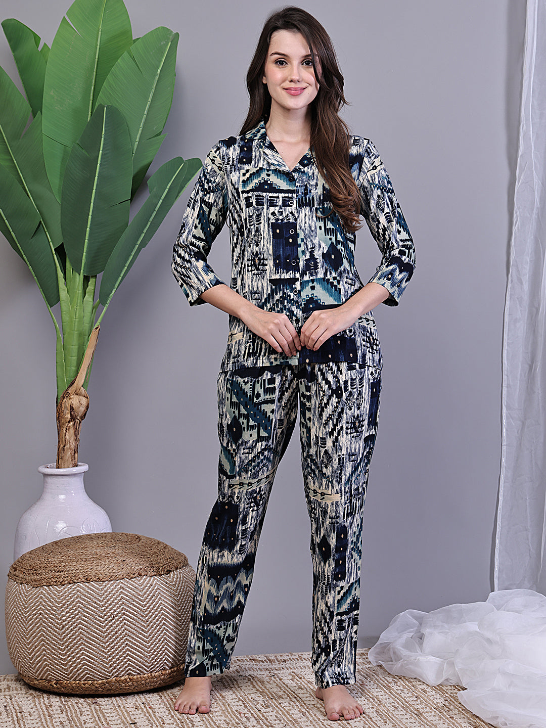 Woman wearing Blue Abstract Night Suit