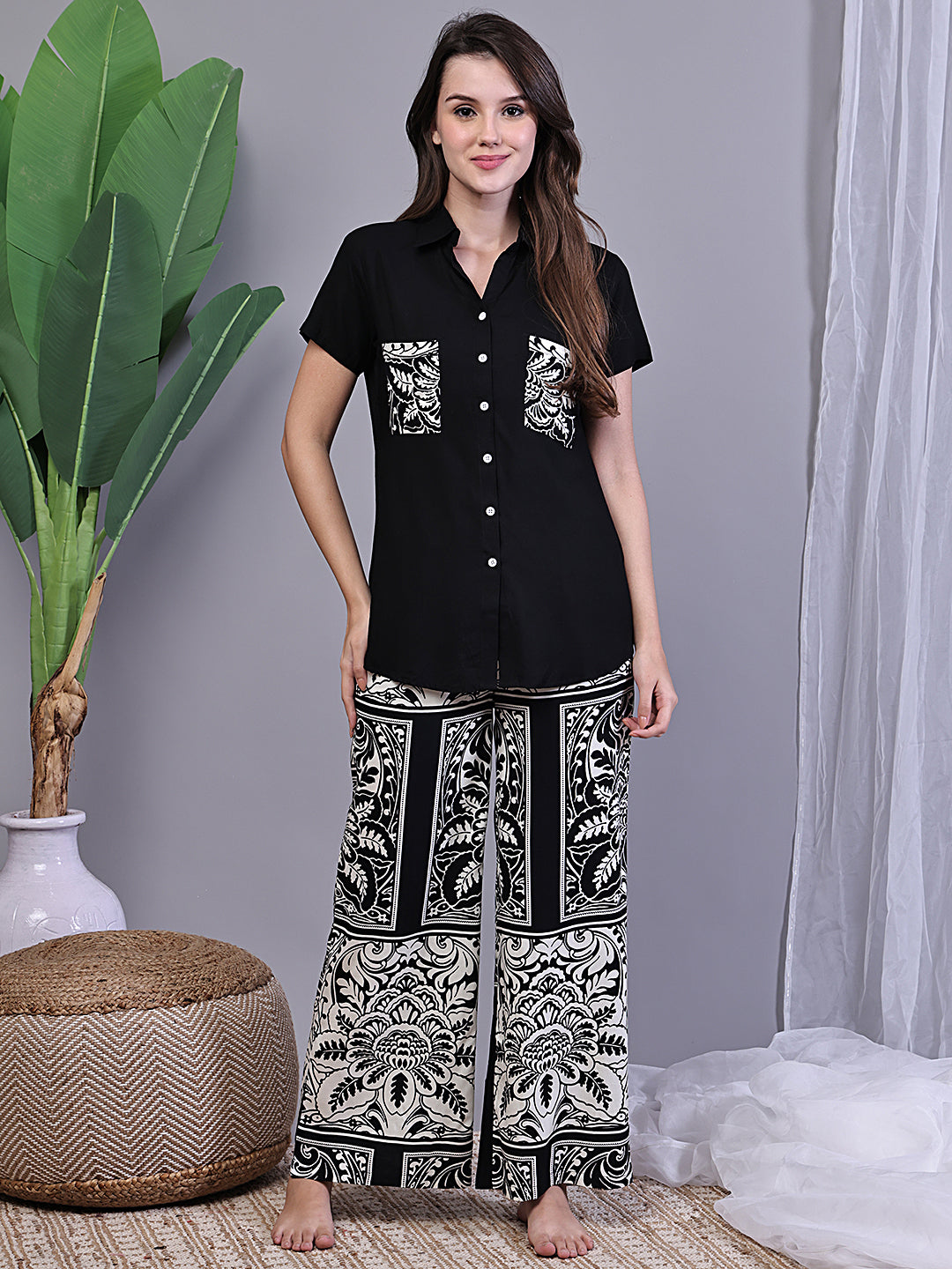 Black Printed Night Suit with Shirt Collar and Short Sleeves