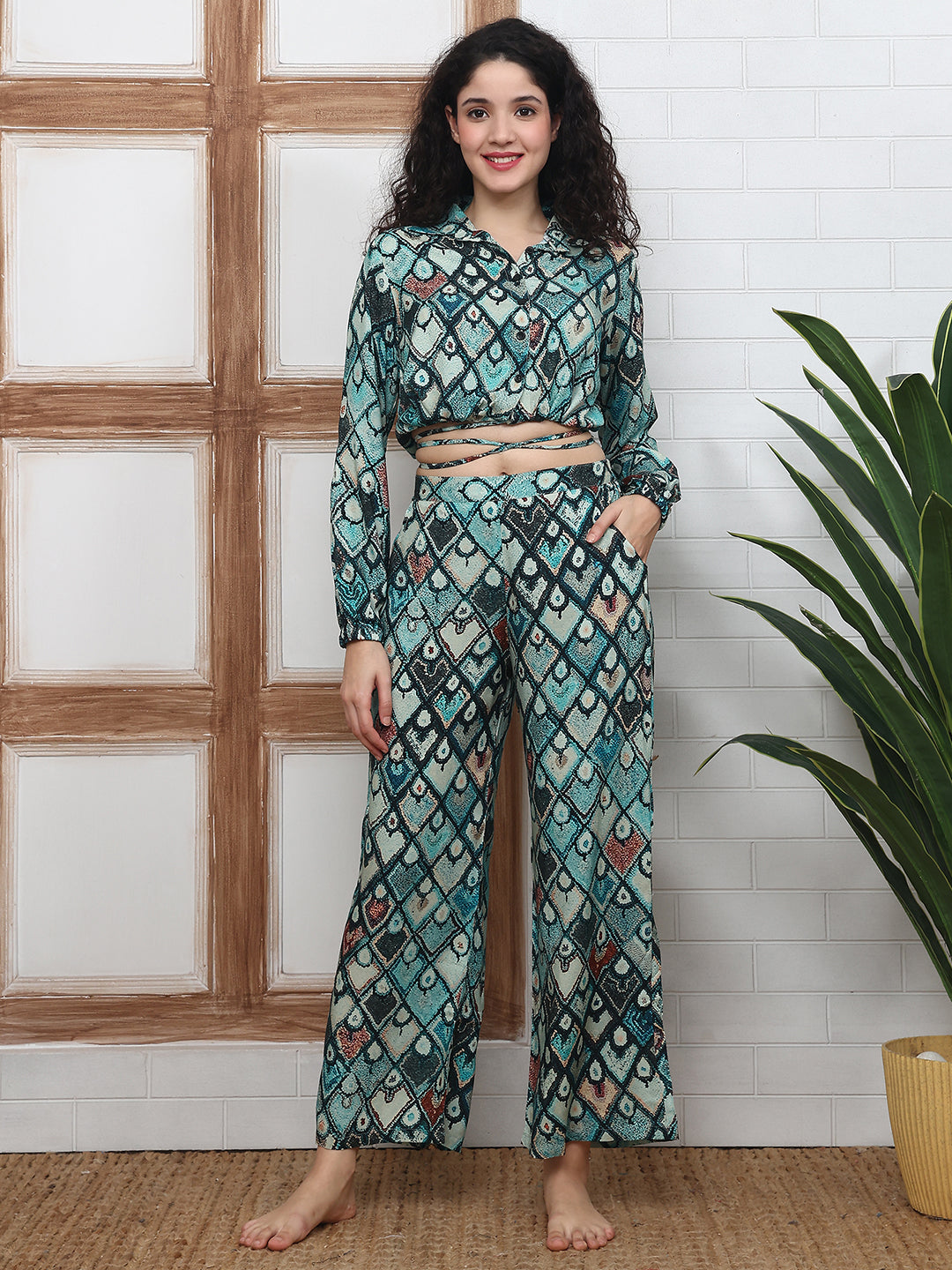 Green Abstract Printed Rayon Casual Co-ord Set for Women